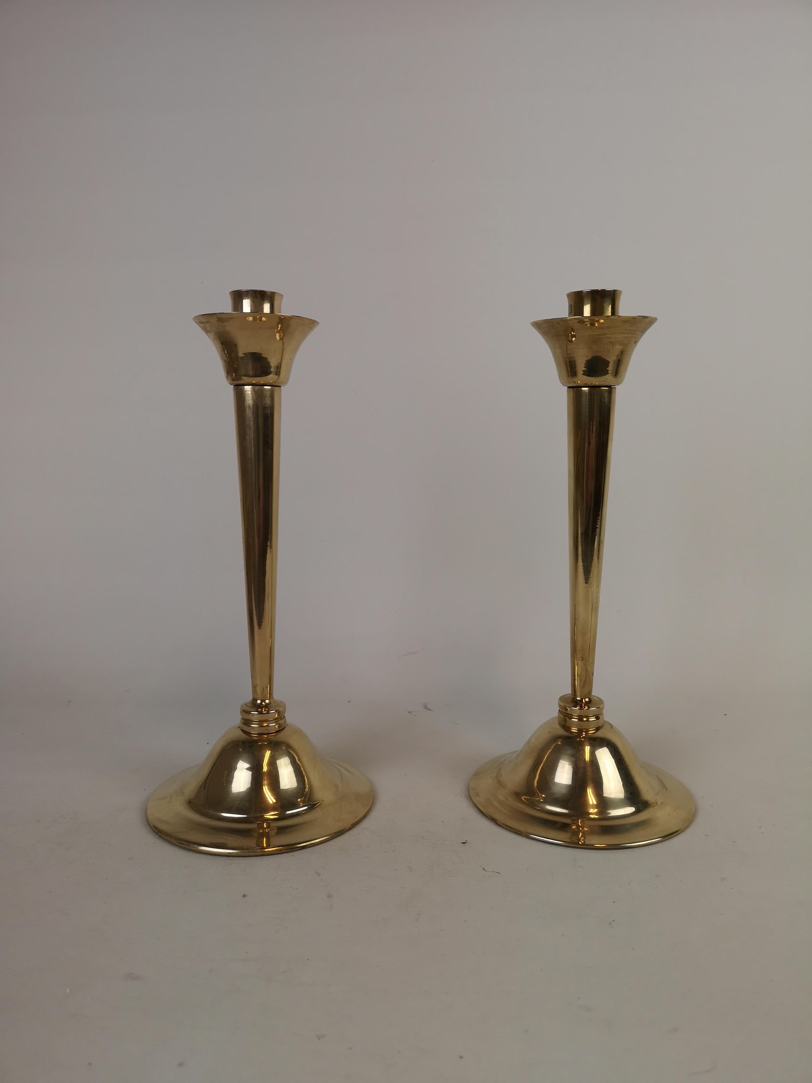 Swedish Set of Pair of Candlestick and Tray in Brass by Lars Holmström Arvika, Sweden