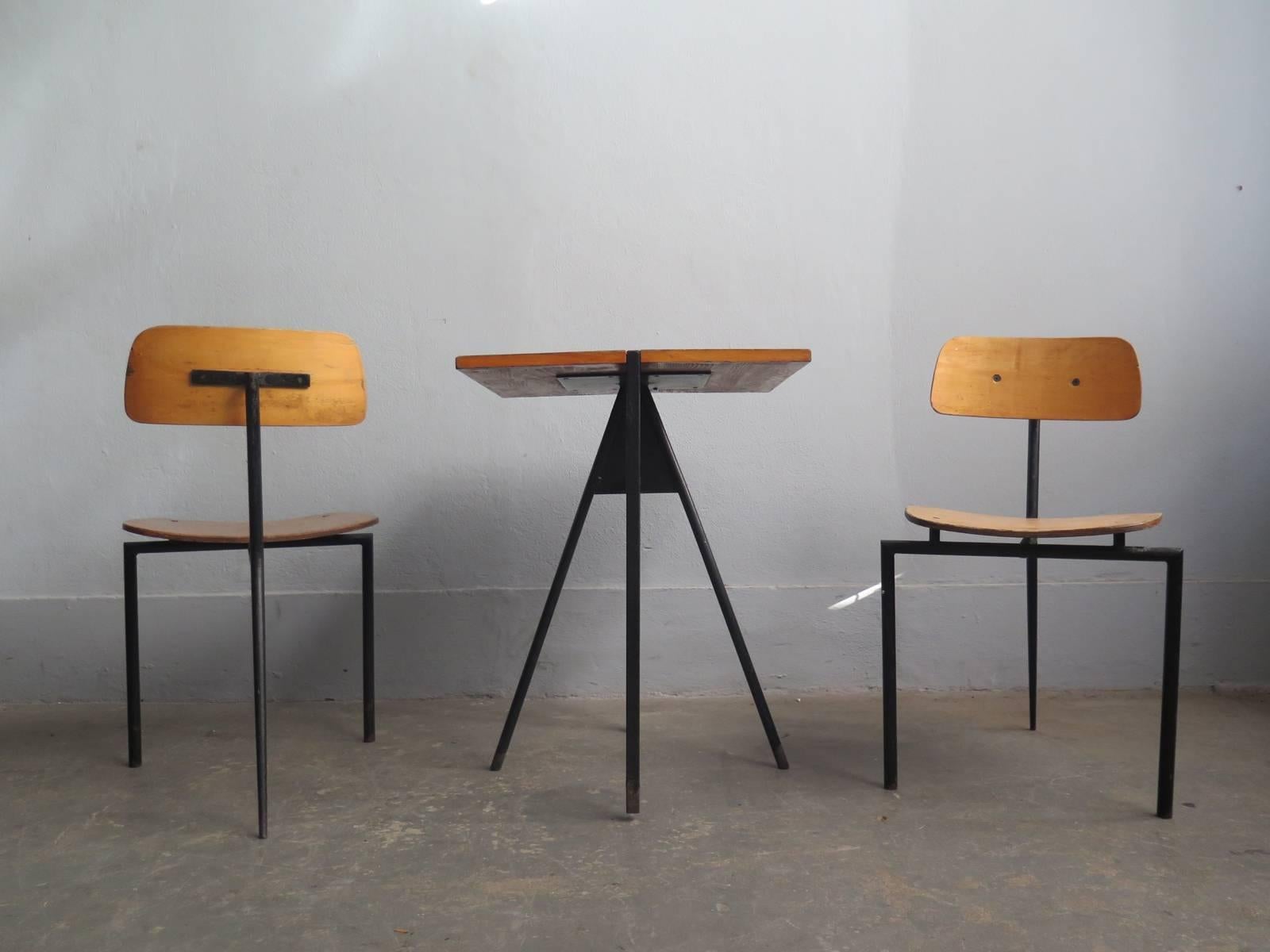 Industrial Set of Pair of Three-Leg Chairs and Bistro Table For Sale