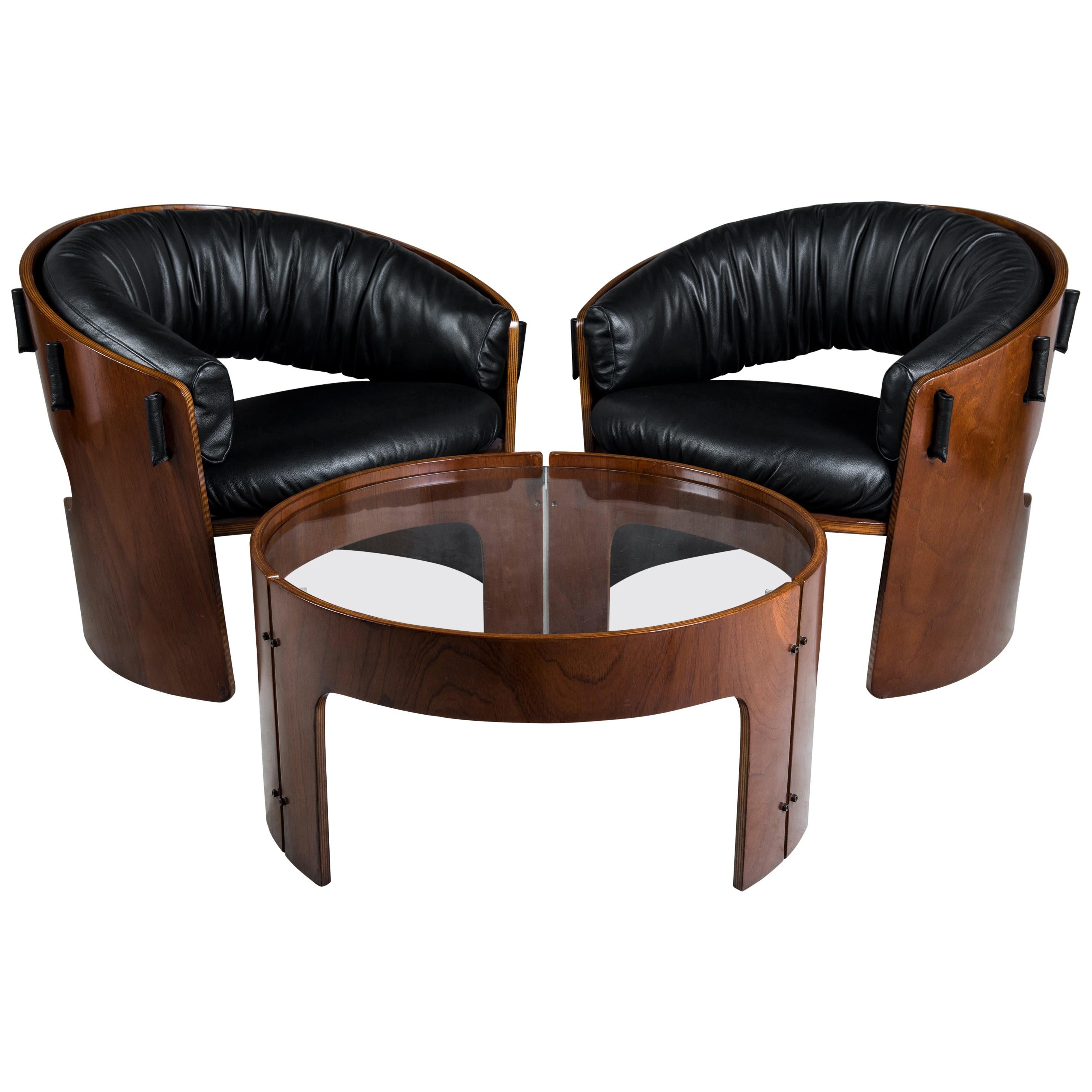Set of Pair of Wood and Leather Armchairs with Coffee Table by Ricardo Blanco