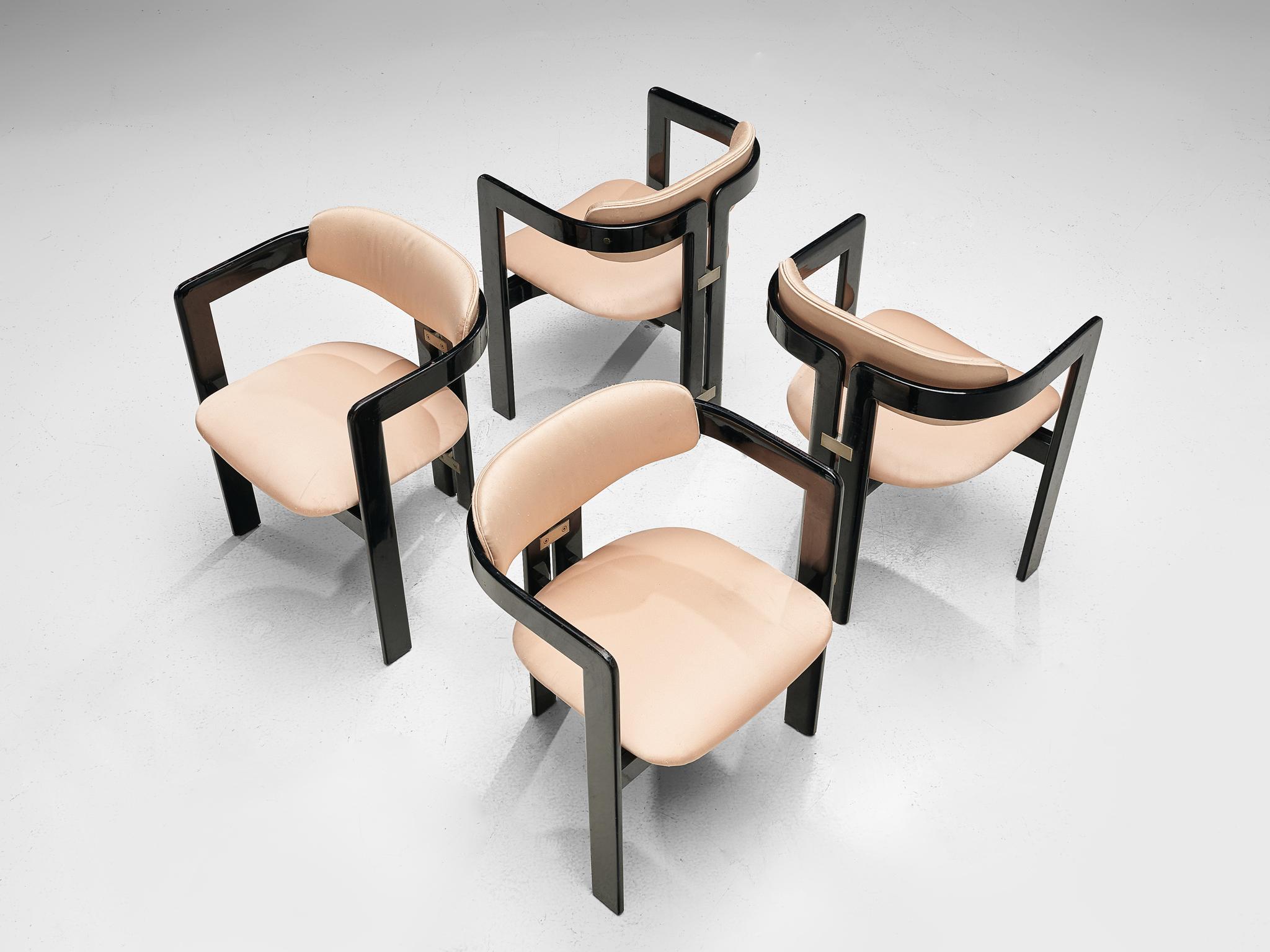 Augusto Savini, set of four 'Pamplona' dining room chairs, ebonized ashwood and soft pink leather, by for Pozzi, Italy, 1965.

Set of four armchairs in black lacquered ash and soft pink leather. A characteristic design; simplistic yet very strong in