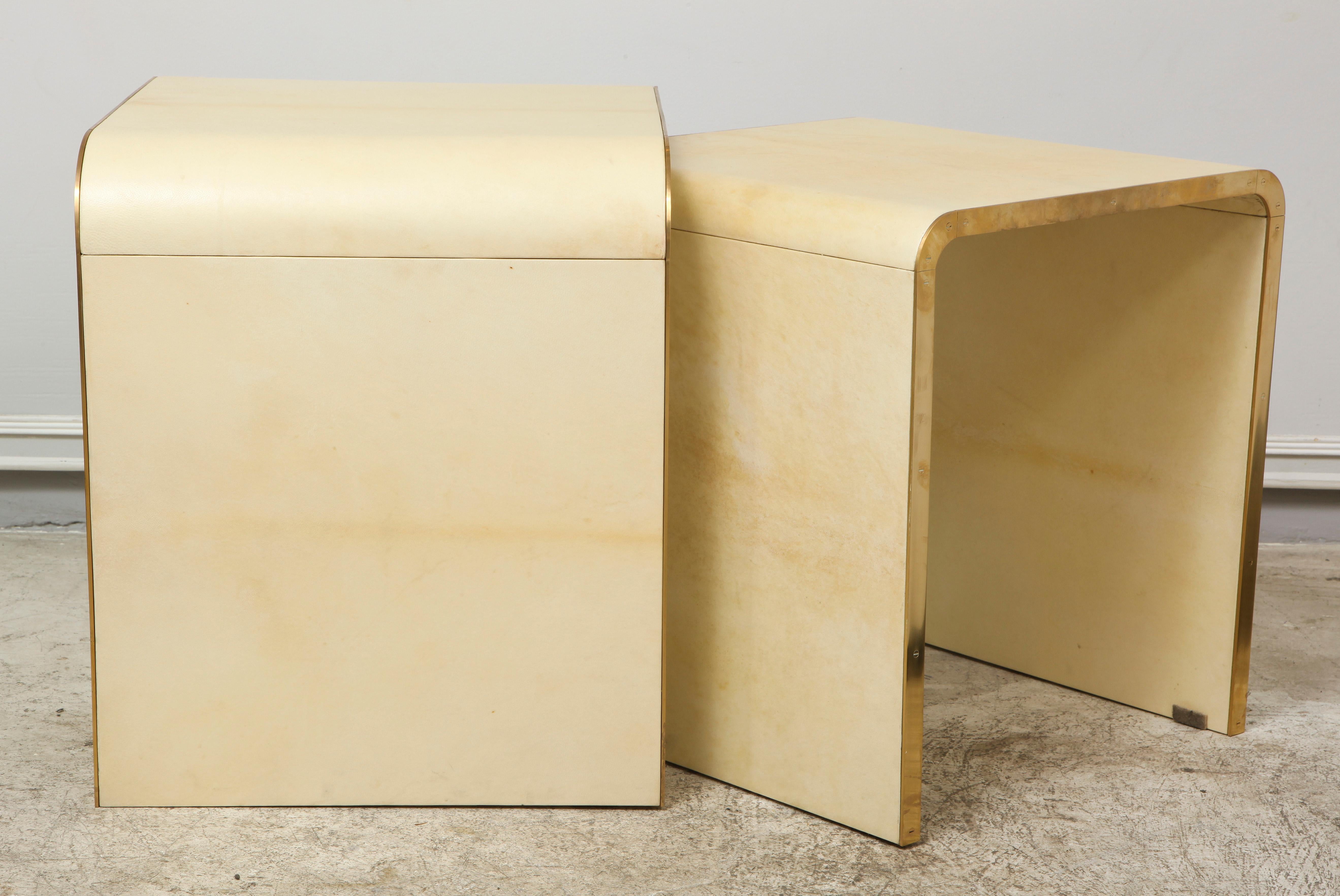 Custom Set of 2 Parchment Nesting Tables with Bronze Banding in the JMF Manner In New Condition For Sale In New York, NY