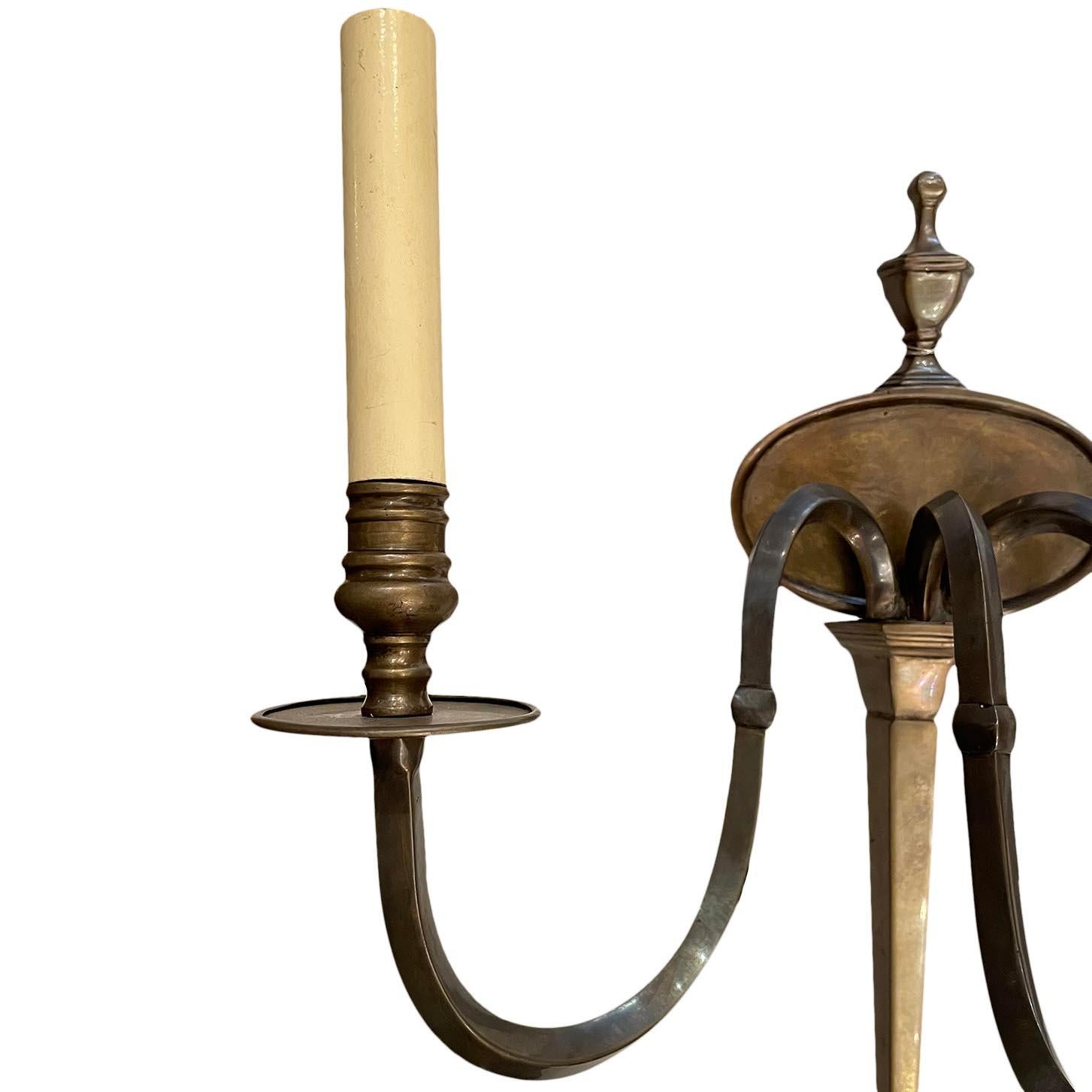 Set of Patinated Bronze English Sconces. Sold Per Pair. In Good Condition For Sale In New York, NY