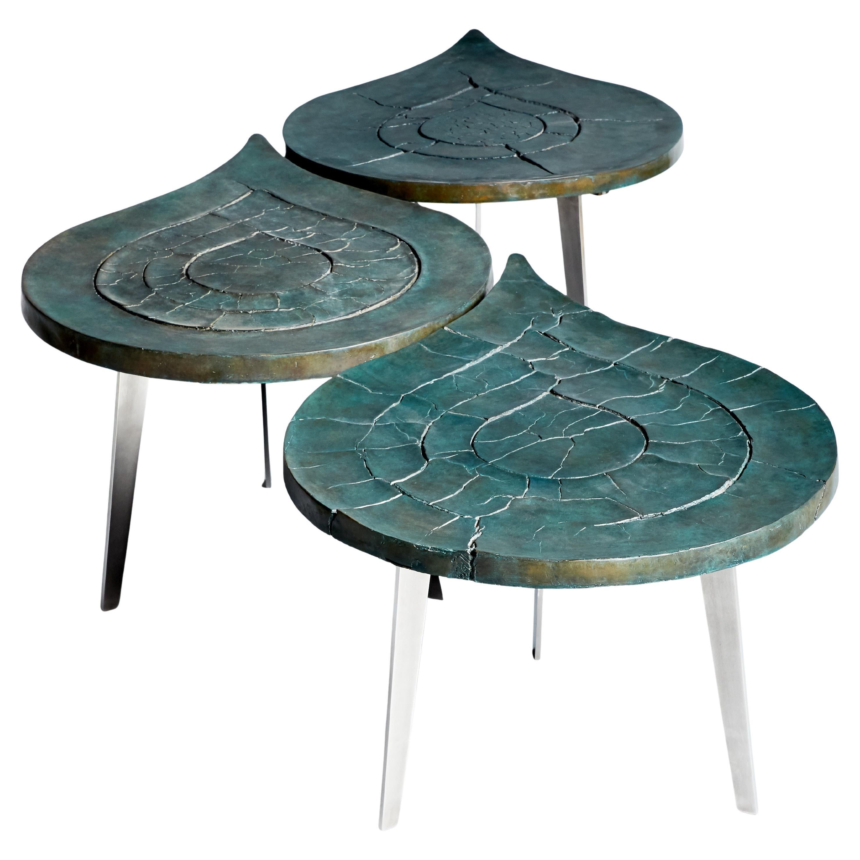 Set of Patinated Cracked Bronze Side Tables by Erwan Boulloud, France For Sale