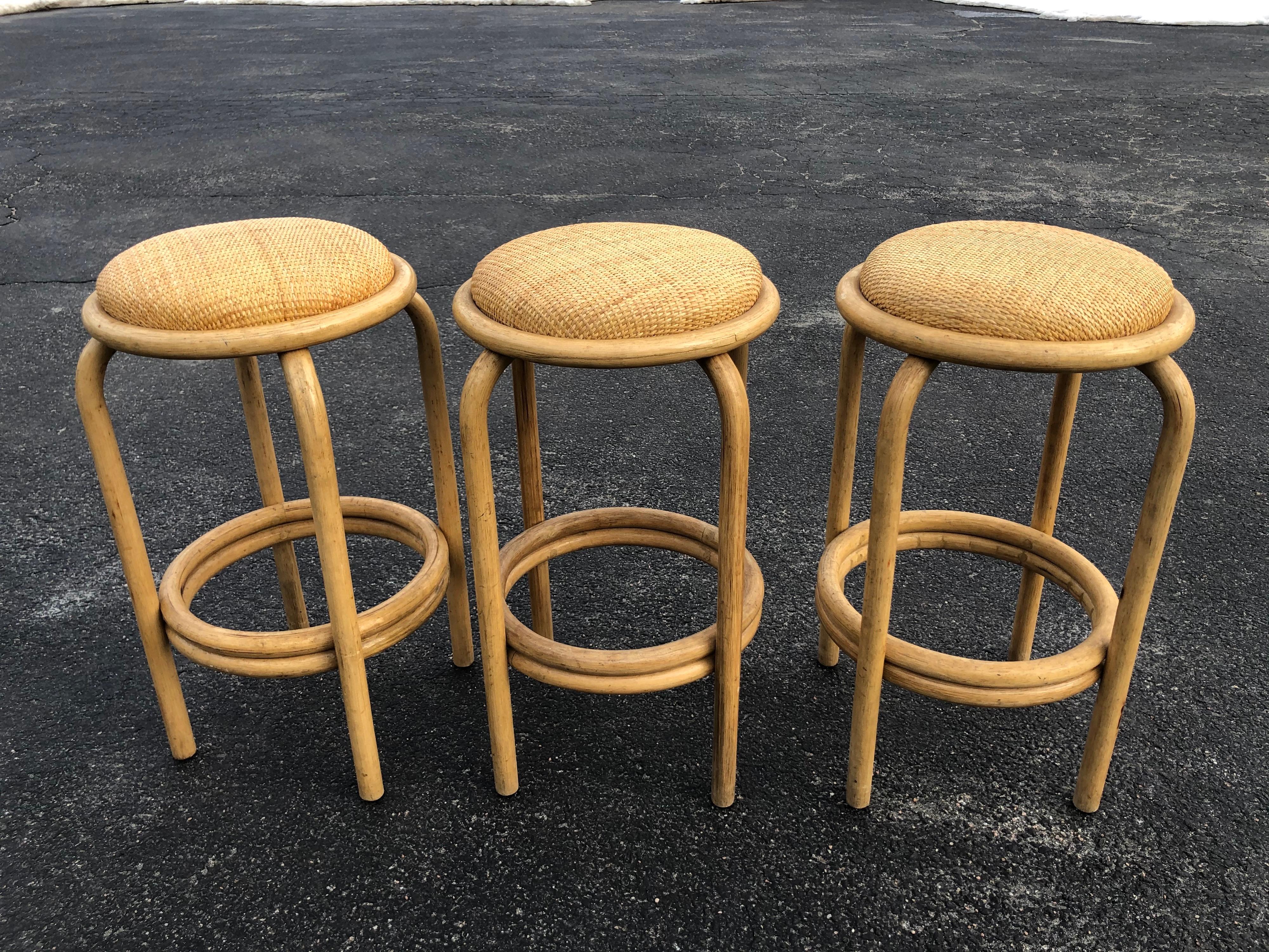 Mid-Century Modern Set of Paul Frankl Style Rattan Bar or Counter Stools
