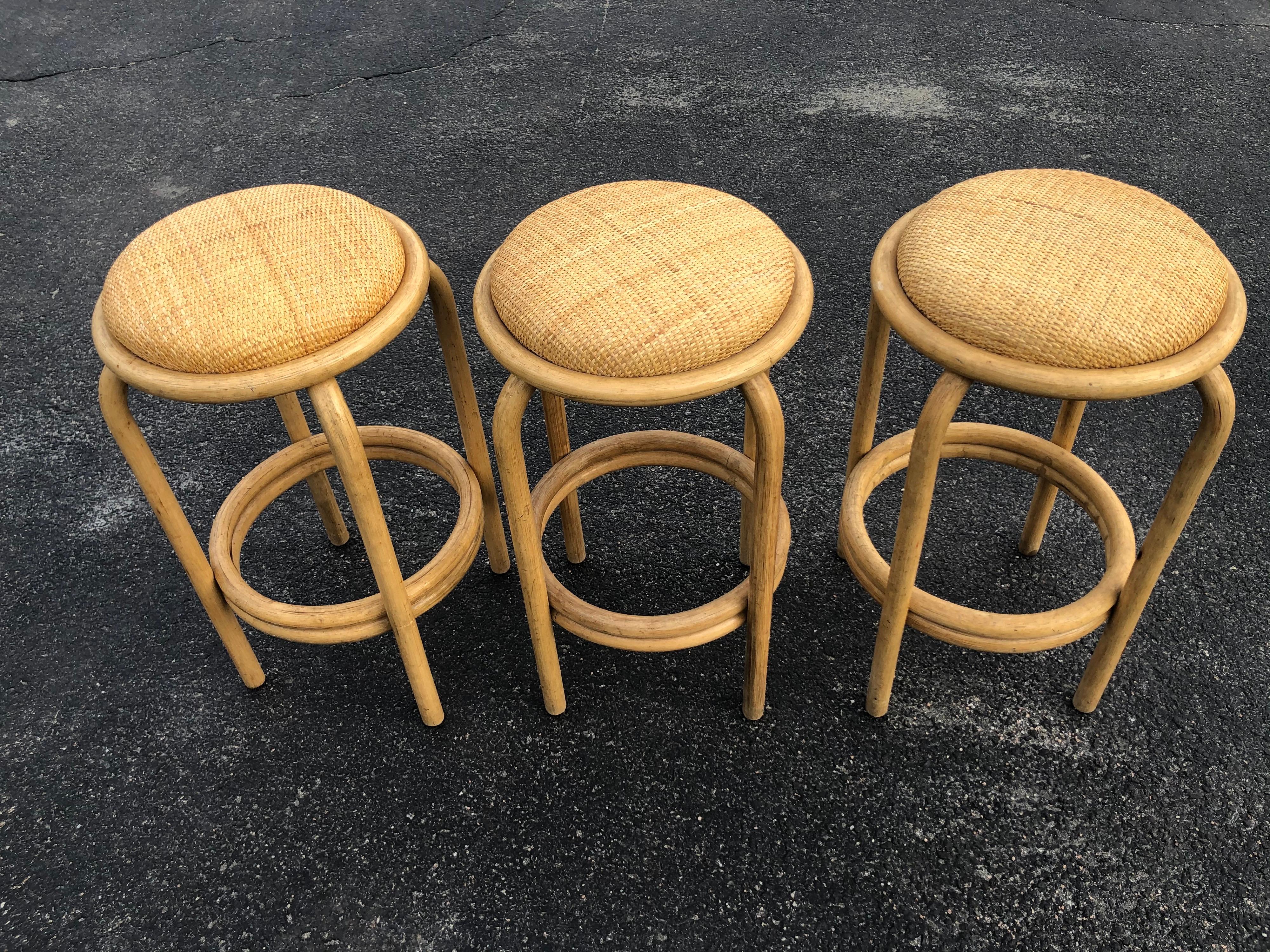 Mexican Set of Paul Frankl Style Rattan Bar or Counter Stools