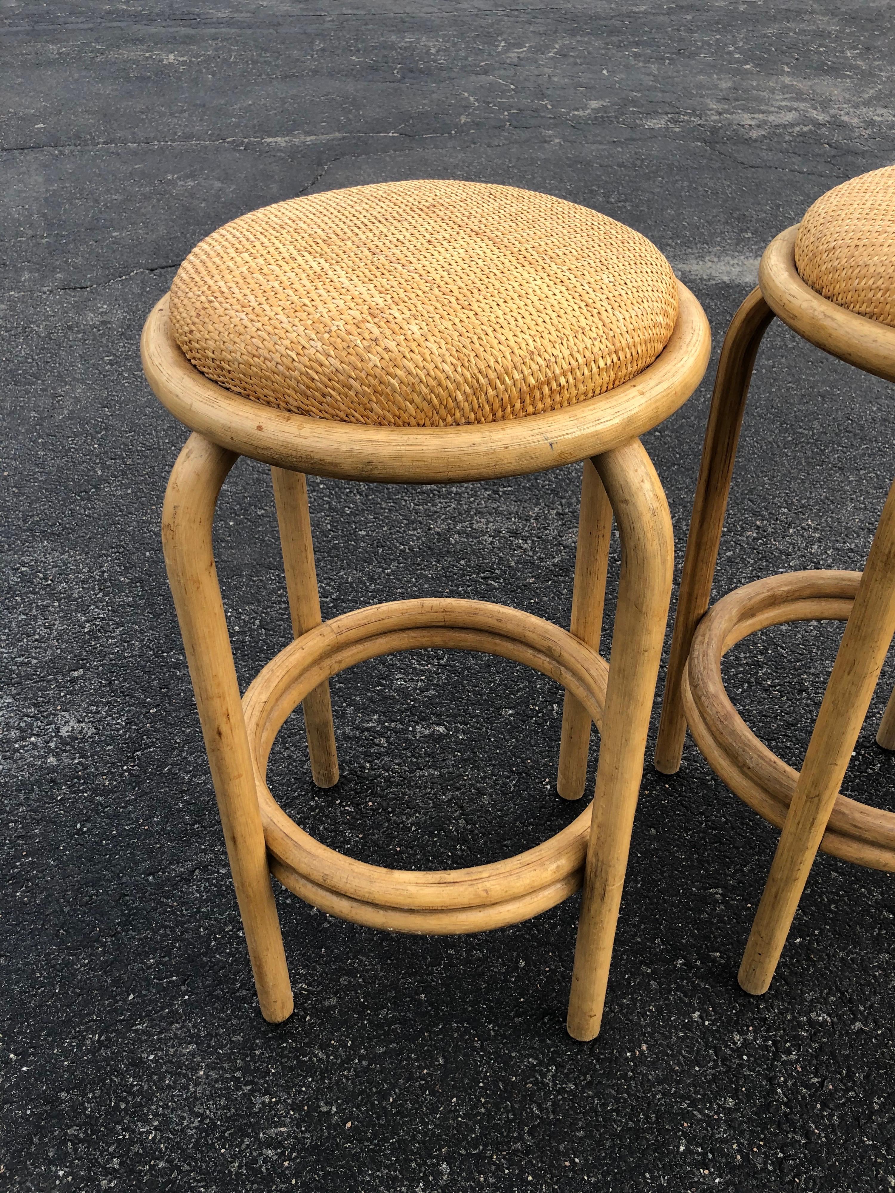 Set of Paul Frankl Style Rattan Bar or Counter Stools In Excellent Condition In Redding, CT