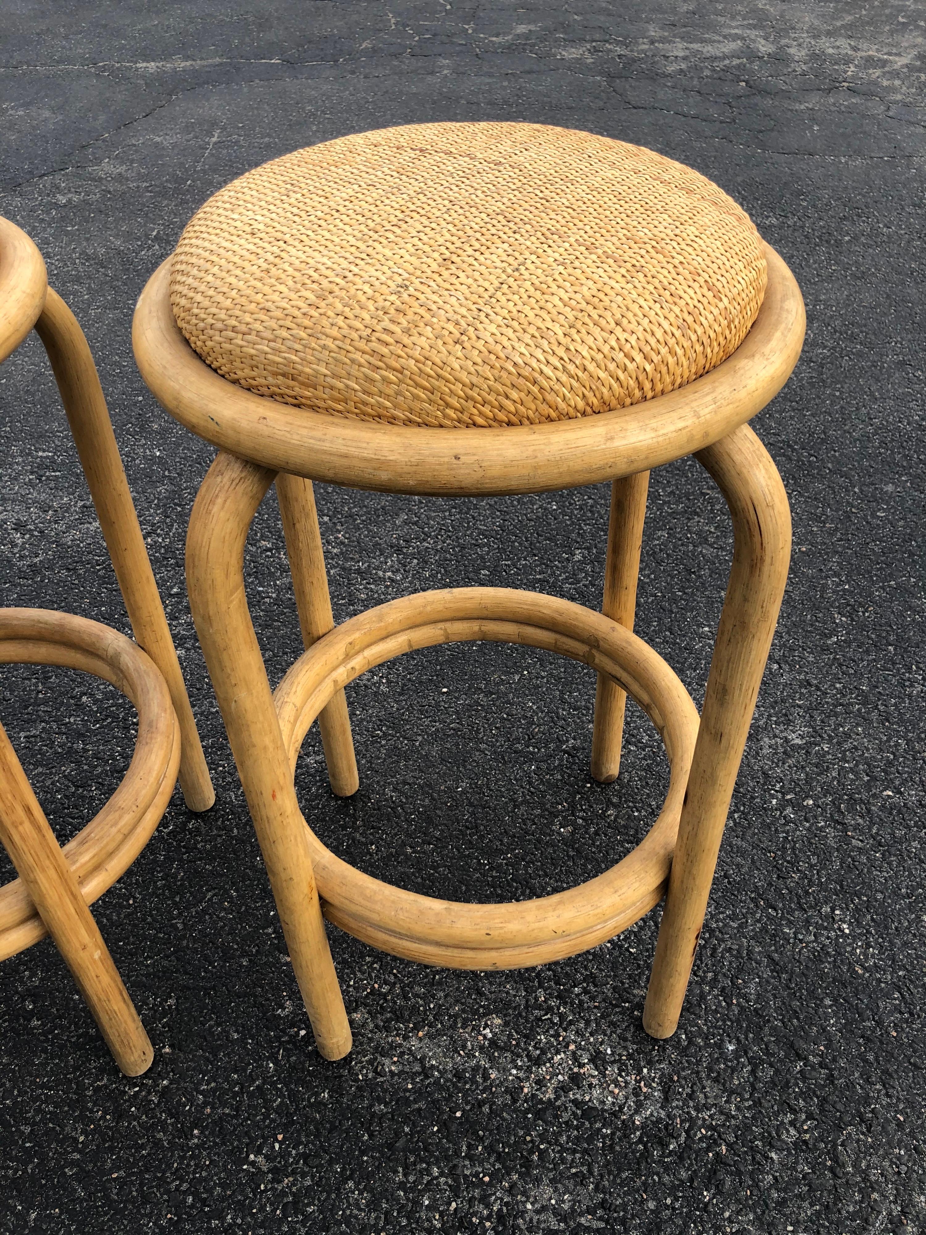 Late 20th Century Set of Paul Frankl Style Rattan Bar or Counter Stools