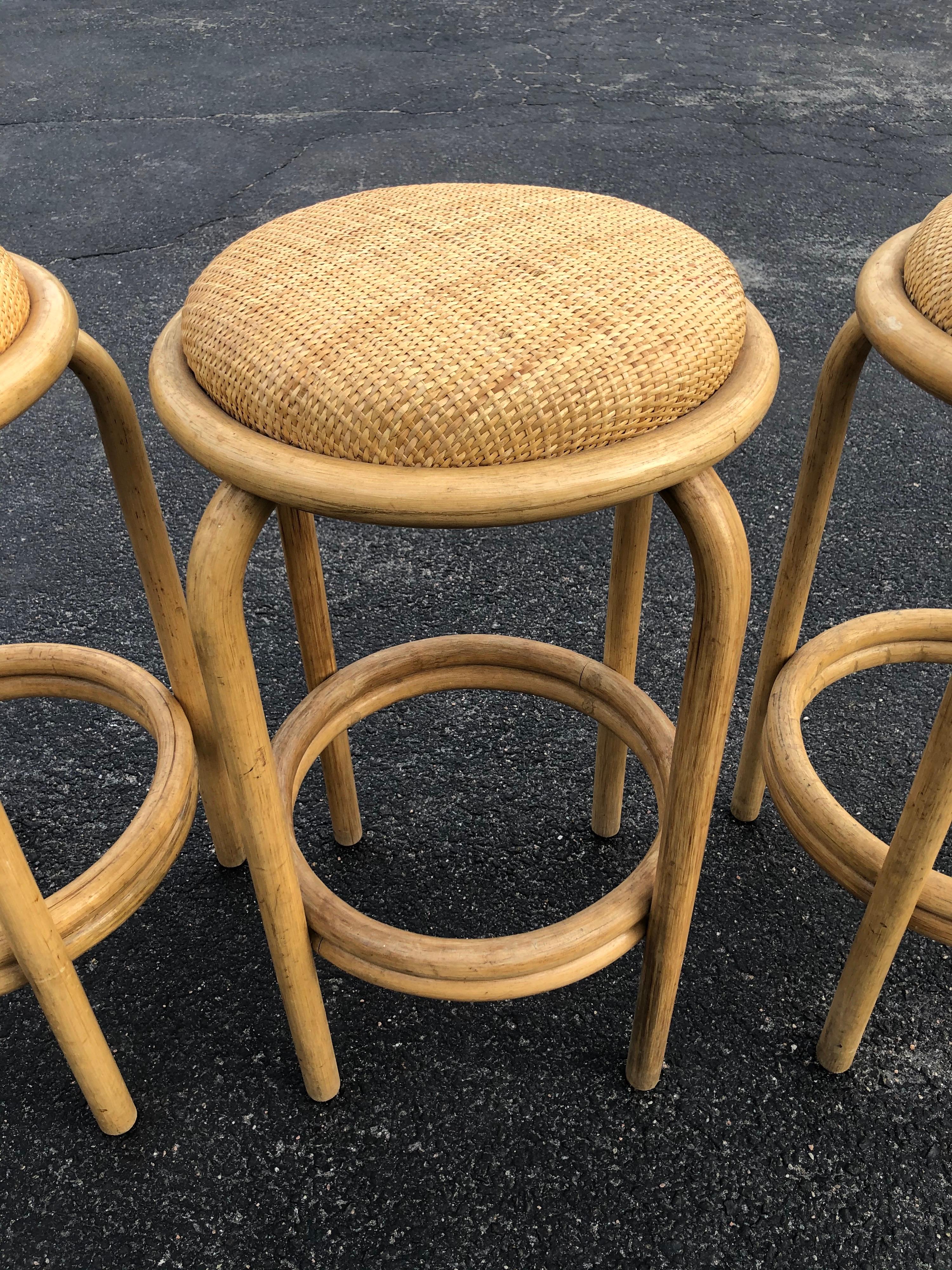 Wicker Set of Paul Frankl Style Rattan Bar or Counter Stools