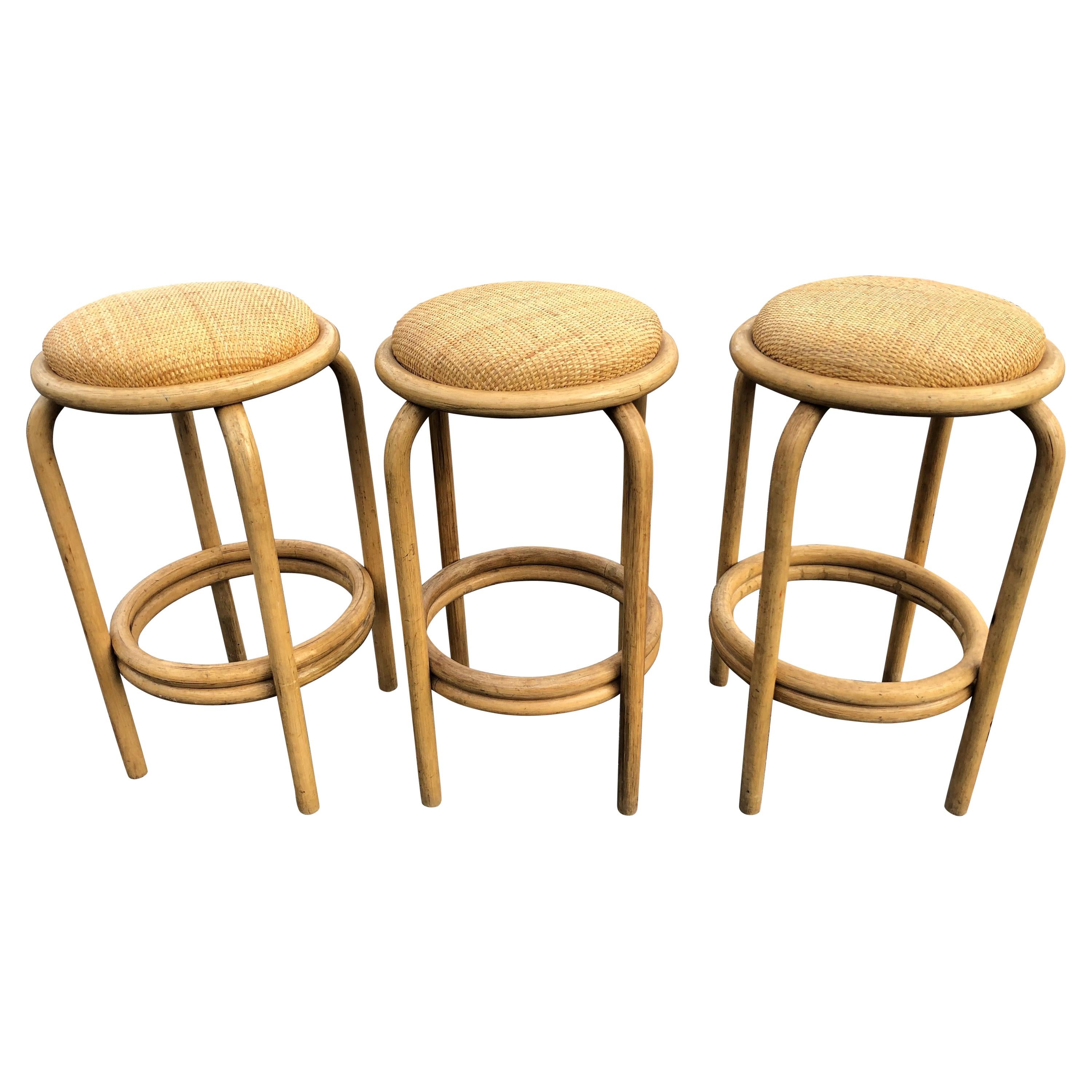 Set of Paul Frankl Style Rattan Bar or Counter Stools