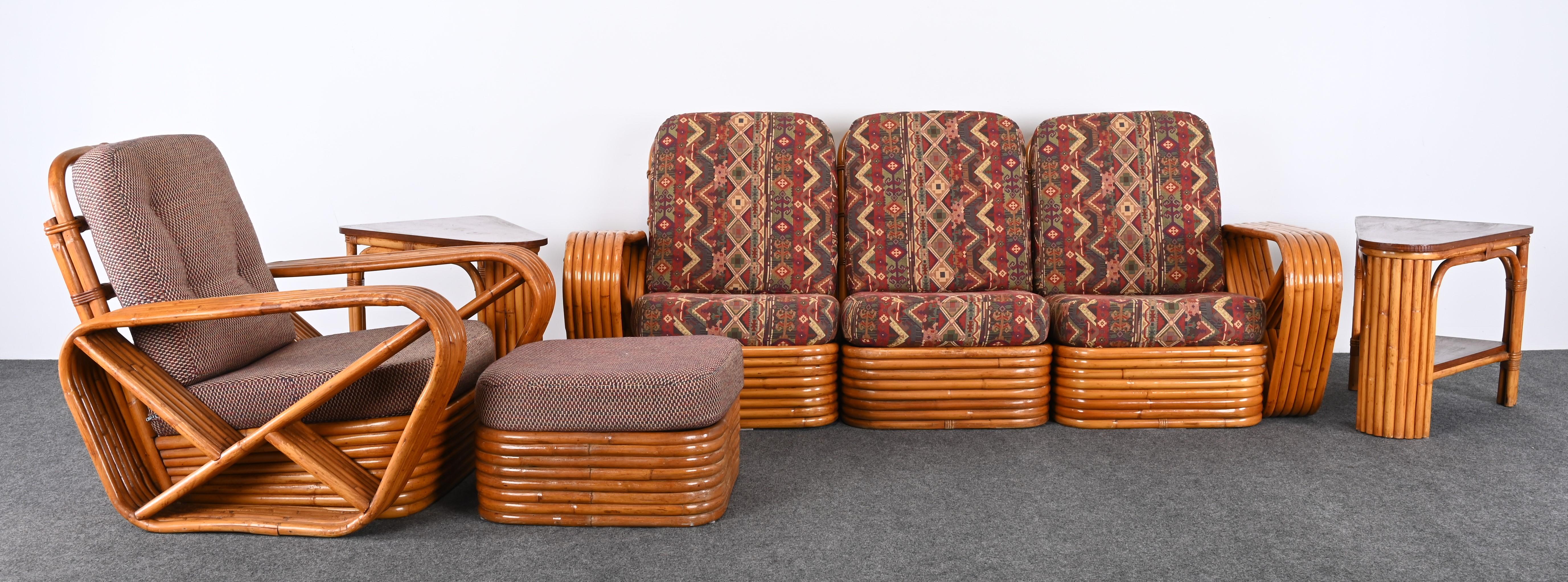 A dynamic Mid-Century Modern set of Paul Frankl style Rattan. This fabulous set would look great in any beach house or second home, whether used in an interior sunroom or covered patio. The set is structurally sound with some wear to finish.