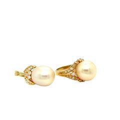 Set of Golden Pearl and Diamond Ring and Pendant Enhancer 18k Yellow Gold