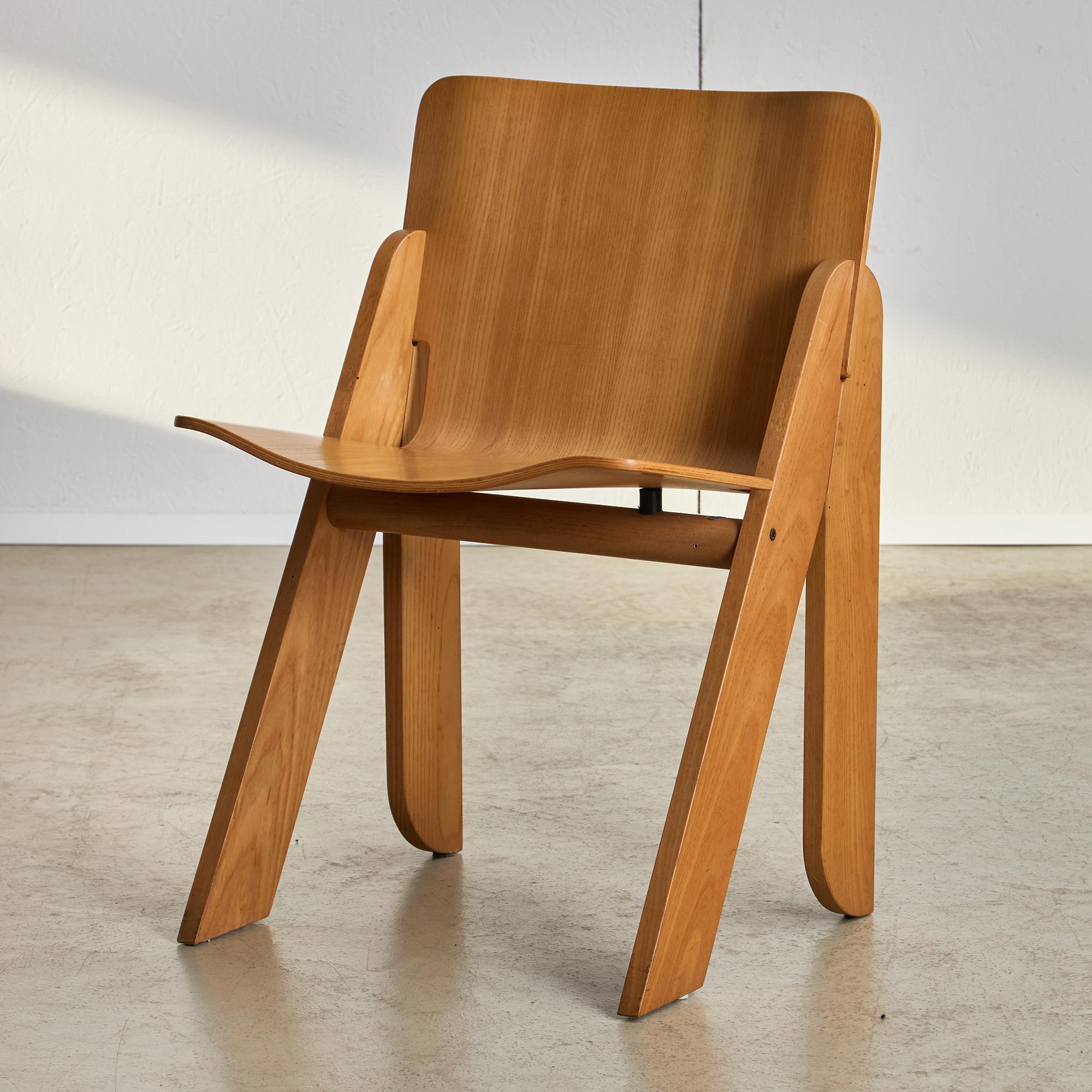 Introducing this delightful set of Peota Chairs by Gigi Sabadin for Stilwood – a 1970s classic. Made from light laminated ash, these chairs blend a timeless four-legged design with a modern twist. 
Their standout feature is the innovative