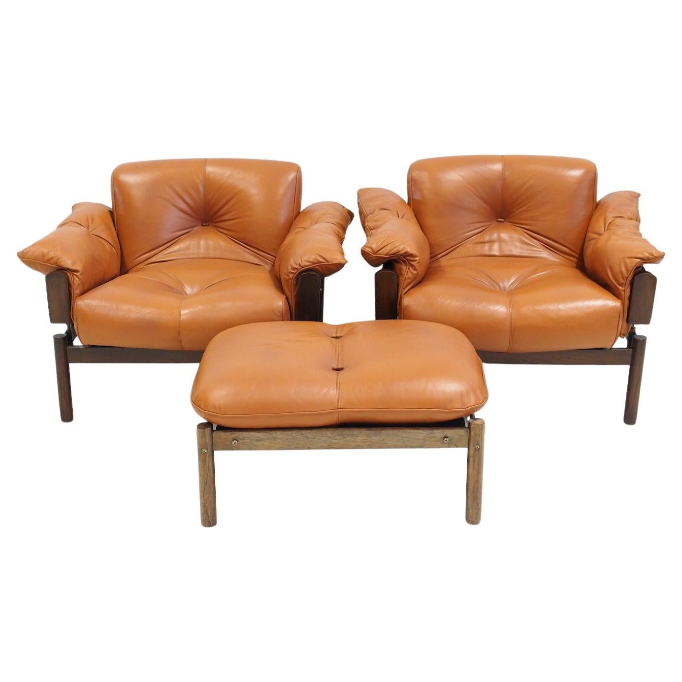 Set of Percival Lafer Cognac Leather MP-13 Armchairs and a Footstool