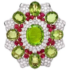 Set of Peridot Ruby Diamond Gold Brooch Matching Chandelier Earrings