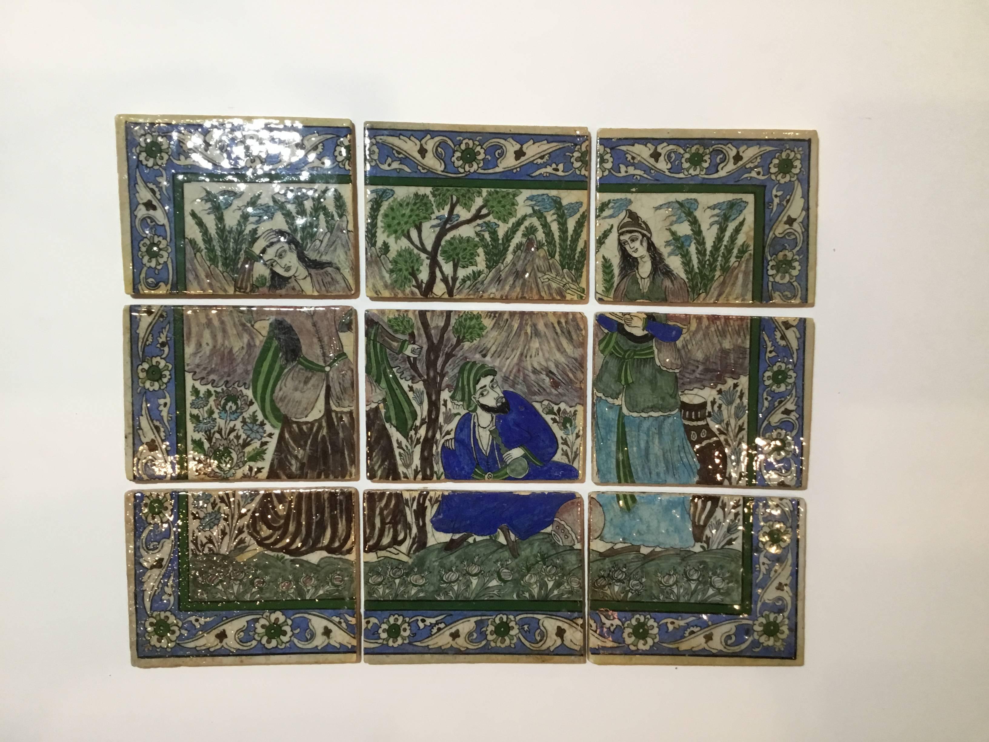 One of a kind Vintage set of nine lose Ceramic tile all hand-painted with garden motif, beautiful vines and flower border all around. The set could be use as for tabletop, or embedded to a wall as decor.
Each tile size is 6”x 7”.75.