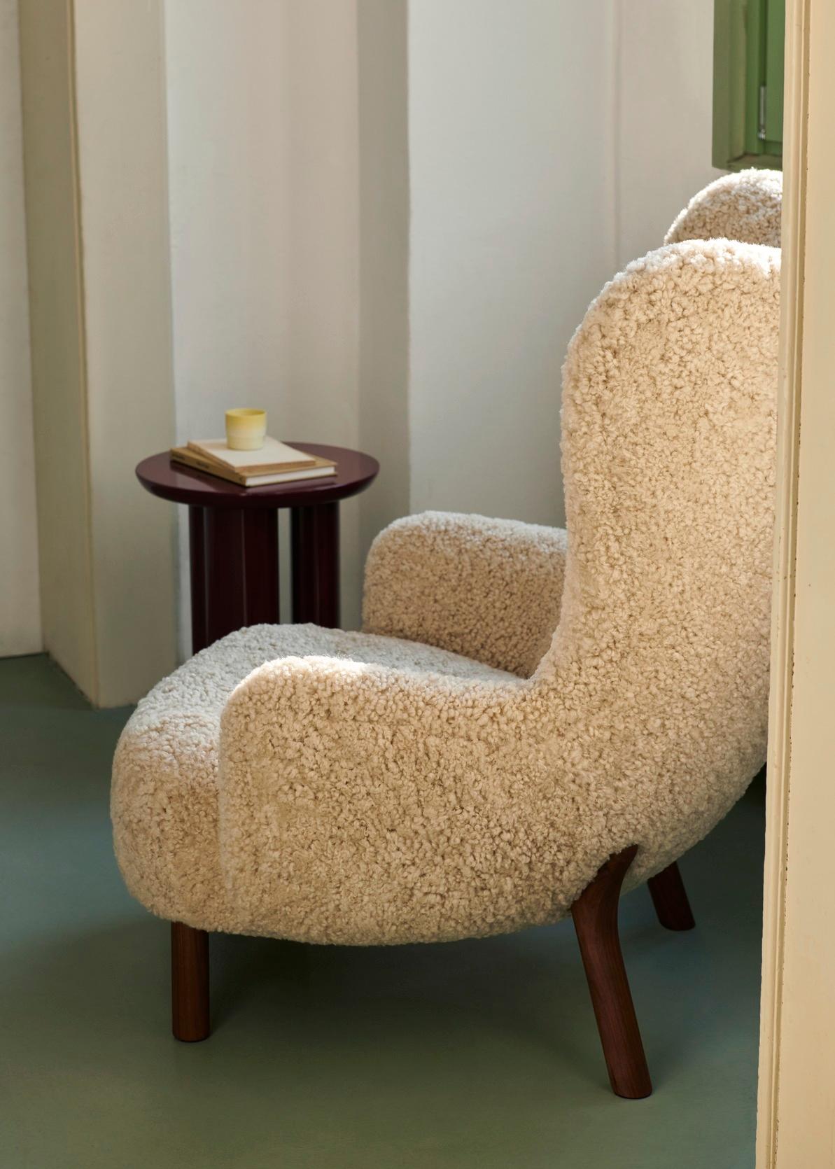 Danish Set of Petra Lounge Chair & Pouf-Sheepskin Moonlight/Walnut- Viggo Boesen for &T For Sale