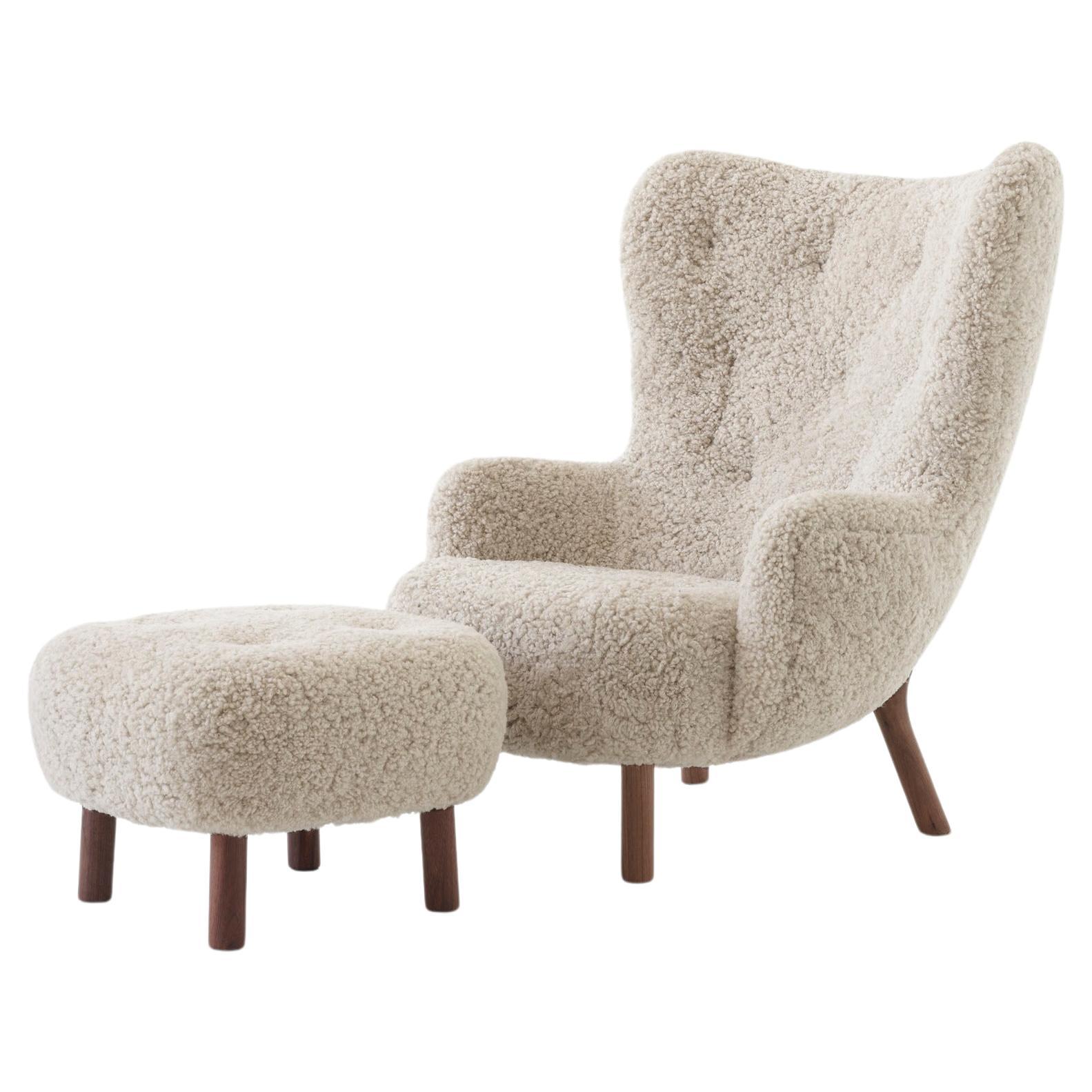 Set of Petra Lounge Chair & Pouf-Sheepskin Moonlight/Walnut- Viggo Boesen for &T For Sale