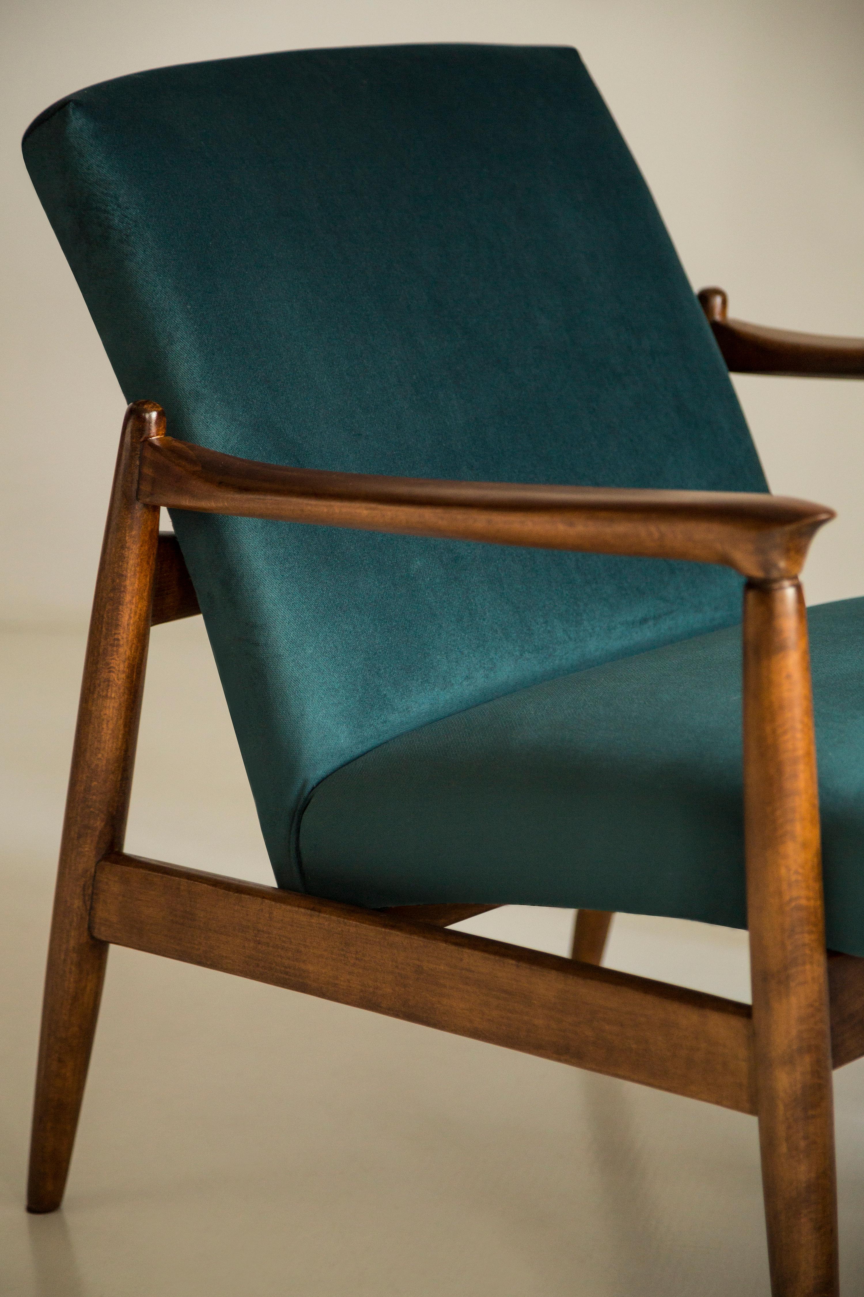 Mid-Century Modern Set of Petrol Blue Vintage Armchair and Stool, Edmund Homa, 1960s For Sale