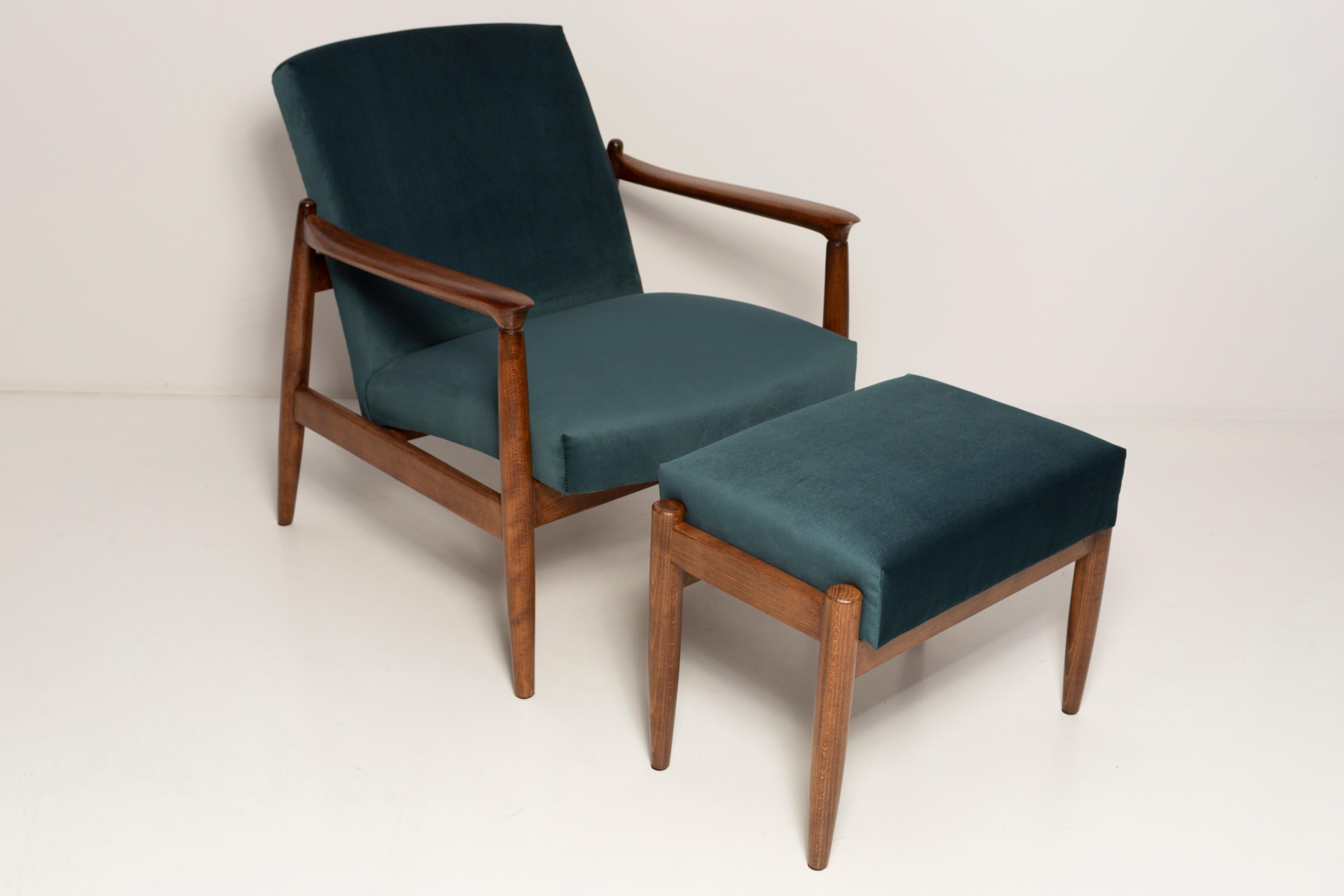 Hand-Crafted Set of Petrol Blue Vintage Armchair and Stool, Edmund Homa, 1960s For Sale