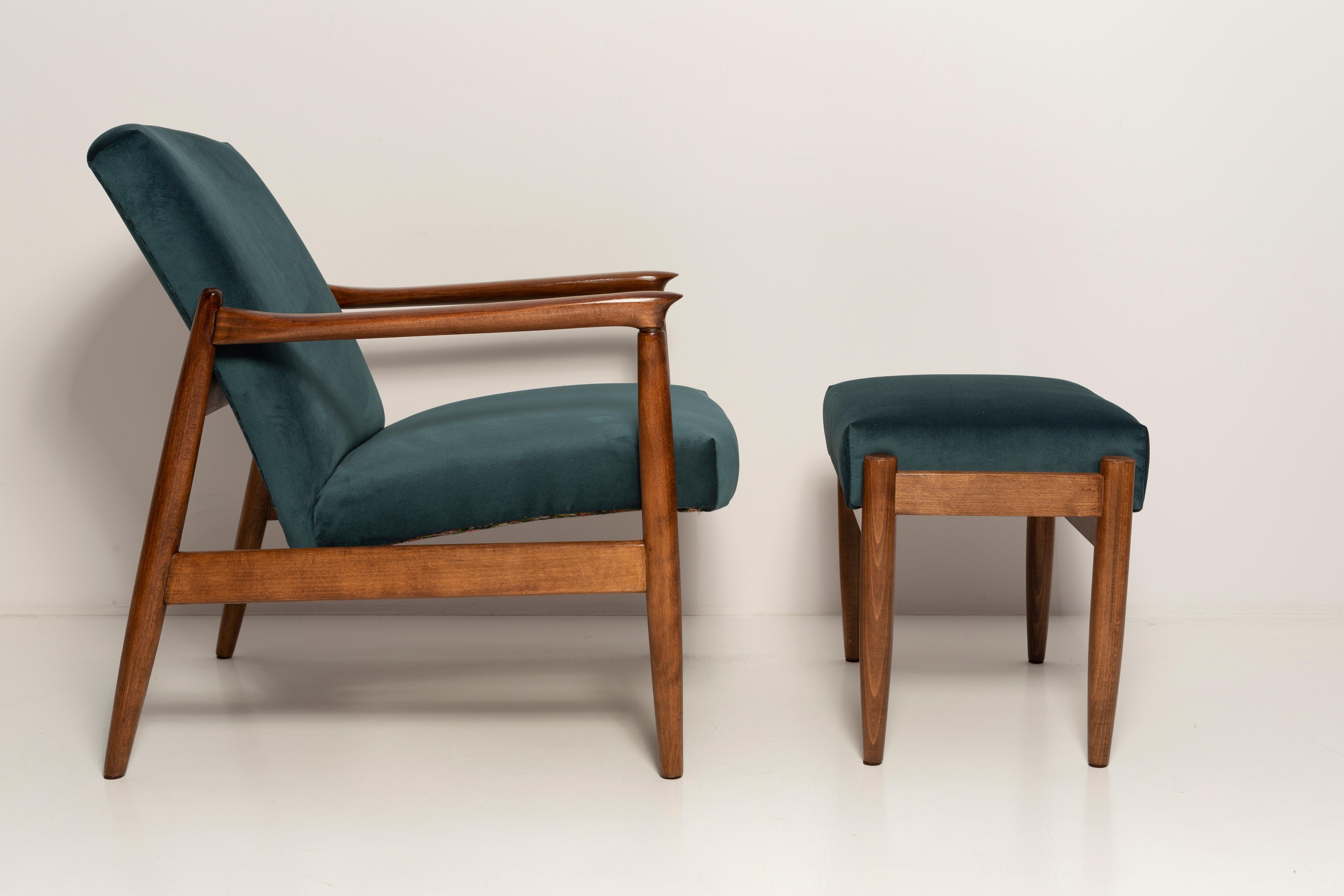 Set of Petrol Blue Vintage Armchair and Stool, Edmund Homa, 1960s In Excellent Condition For Sale In 05-080 Hornowek, PL