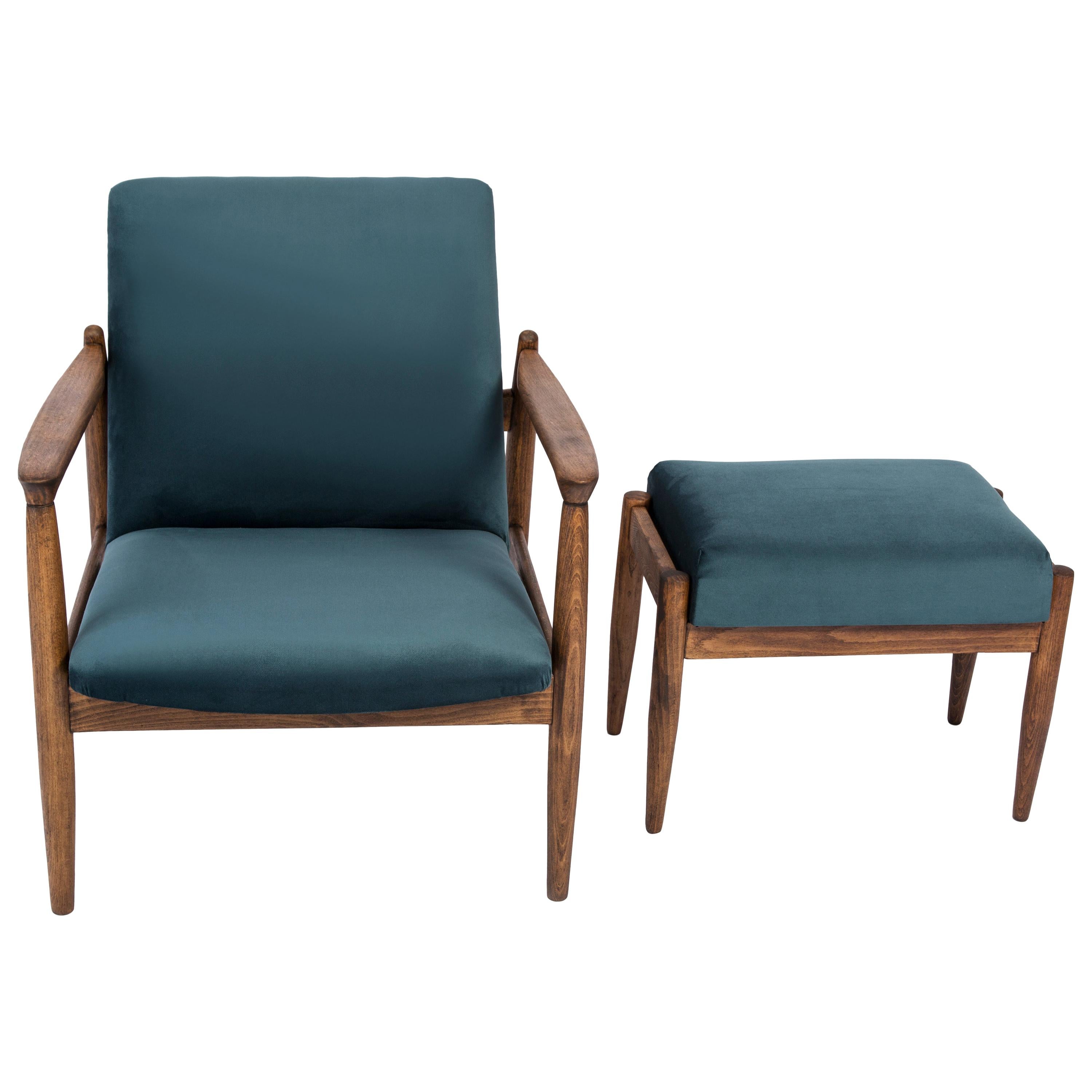 Set of Petrol Blue Vintage Armchair and Stool, Edmund Homa, 1960s For Sale