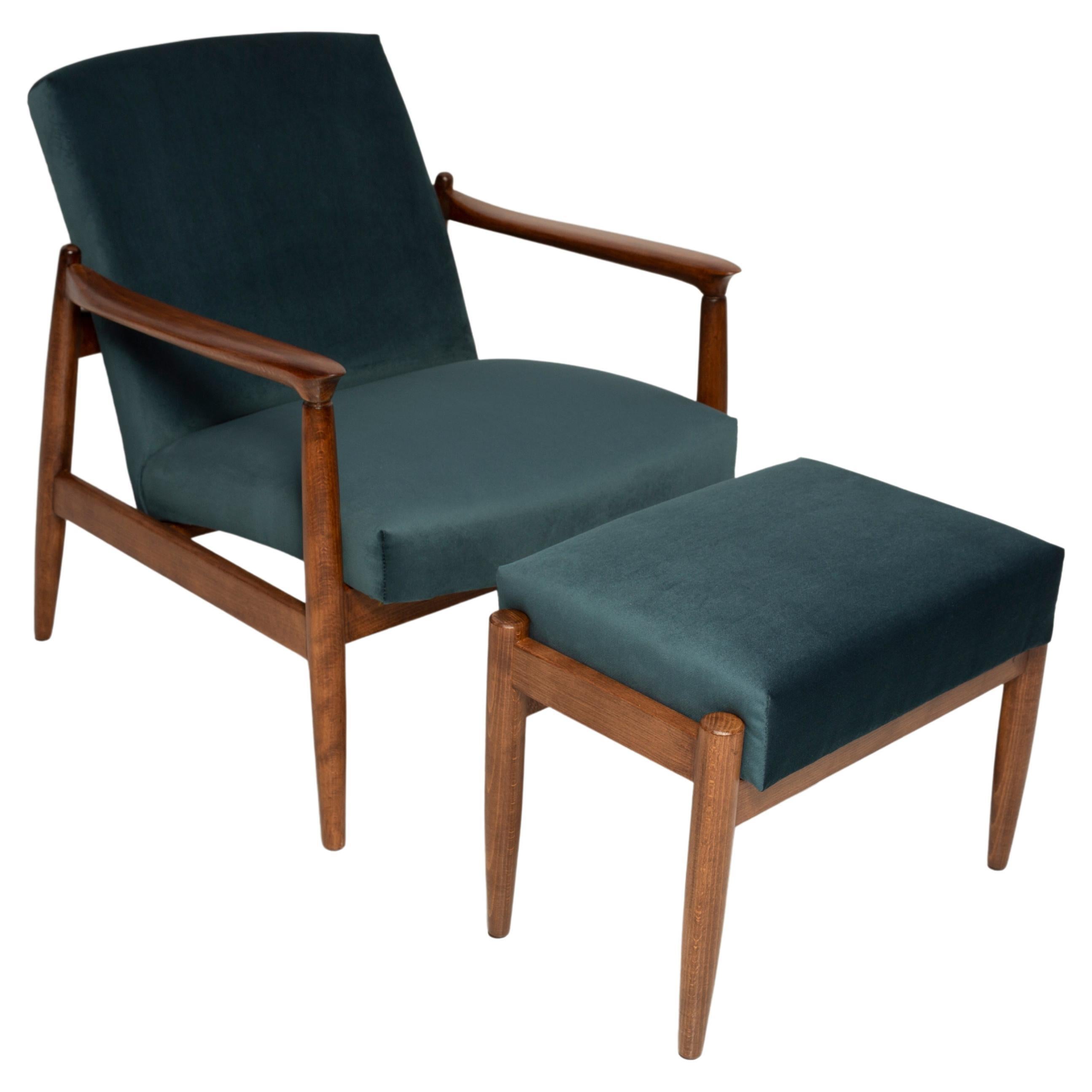 Set of Petrol Blue Vintage Armchair and Stool, Edmund Homa, 1960s For Sale