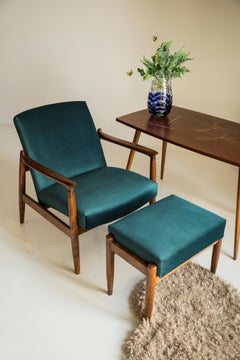 Set Petrolblauer Vintage-Sessel und -Hocker, Edmund Homa, 1960er Jahre