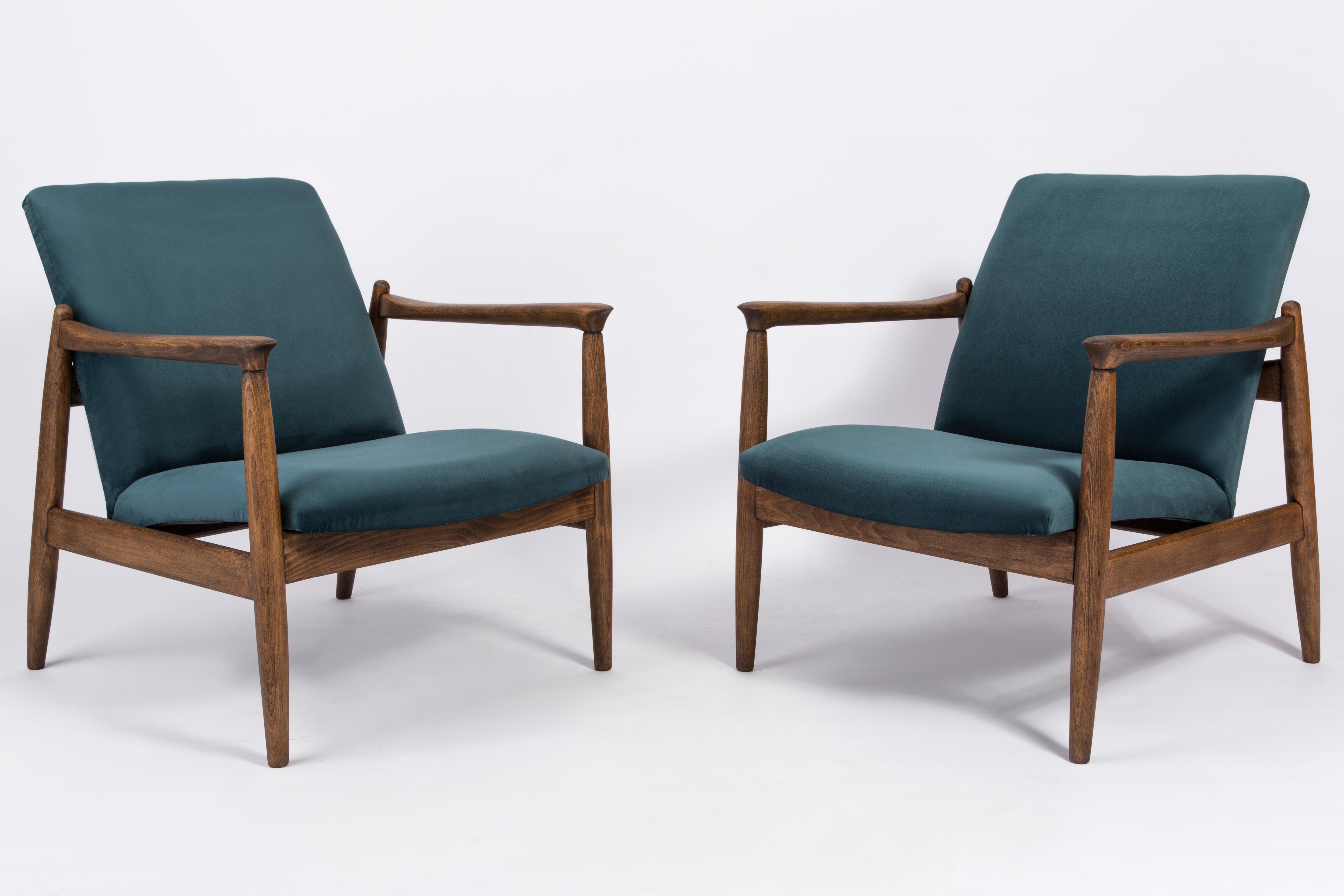 Mid-Century Modern Set of Petrol Blue Vintage Armchairs and Stools, Edmund Homa, 1960s For Sale