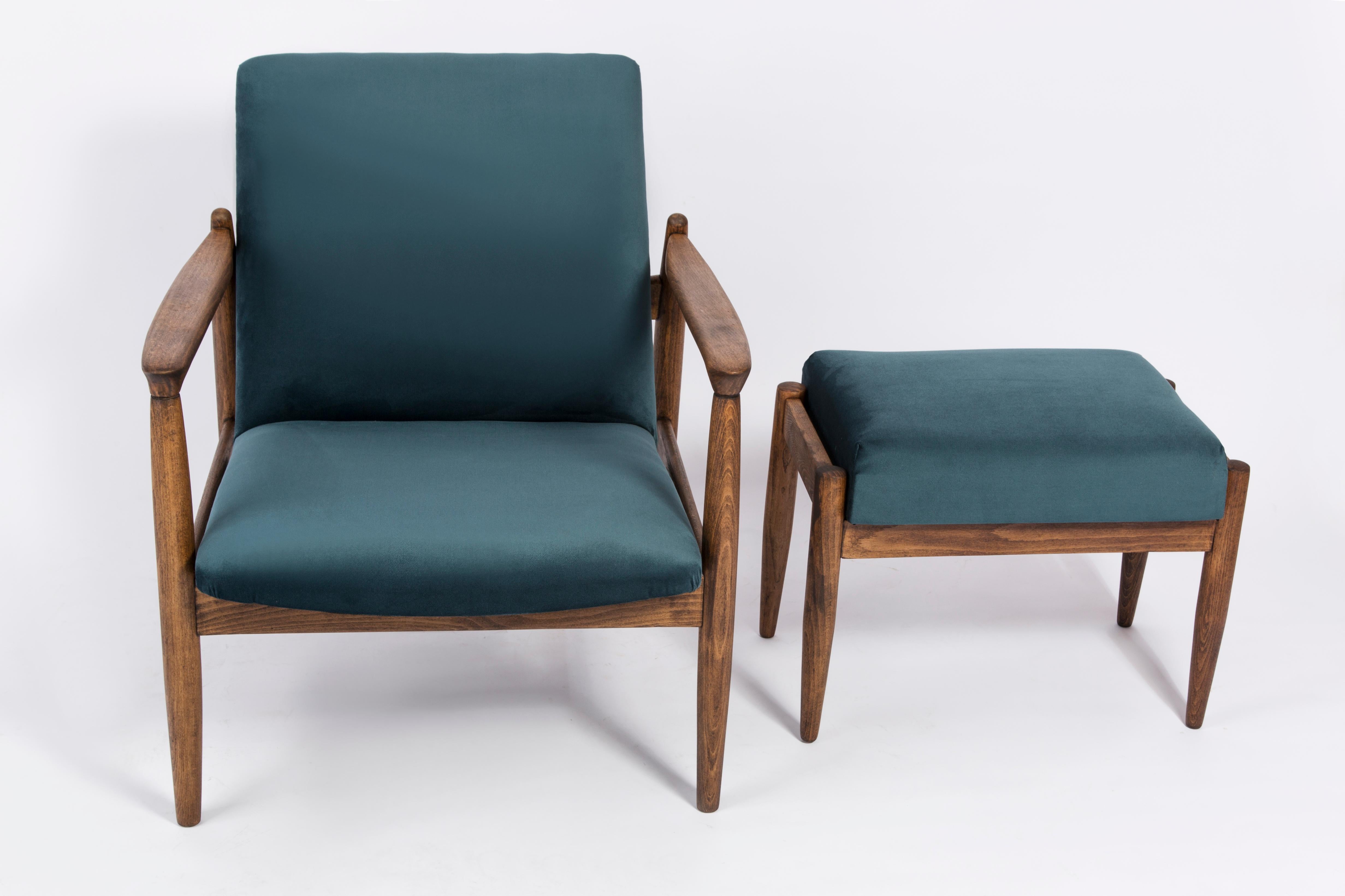 Set of Petrol Blue Vintage Armchairs and Stools, Edmund Homa, 1960s In Excellent Condition For Sale In 05-080 Hornowek, PL