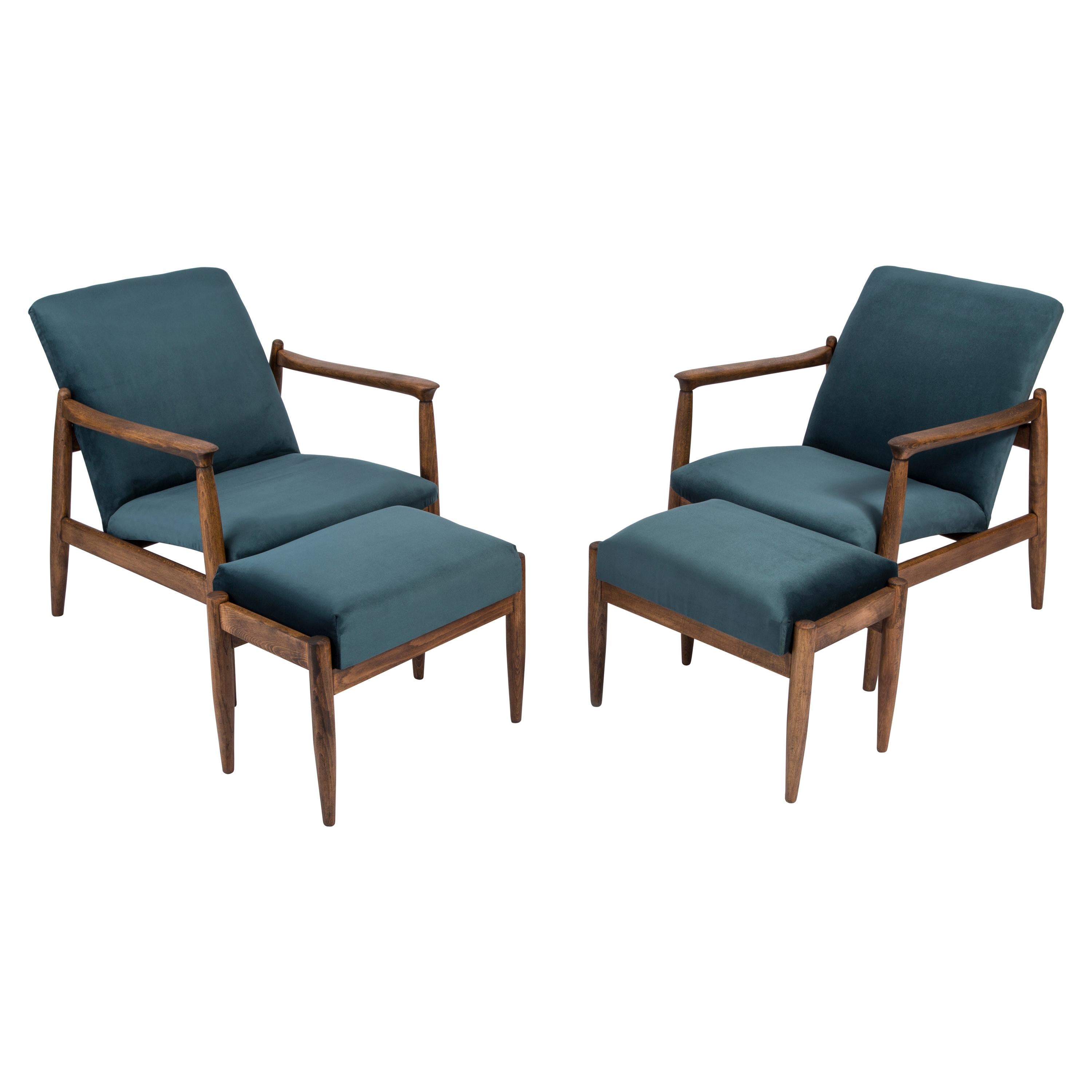 Set of Petrol Blue Vintage Armchairs and Stools, Edmund Homa, 1960s