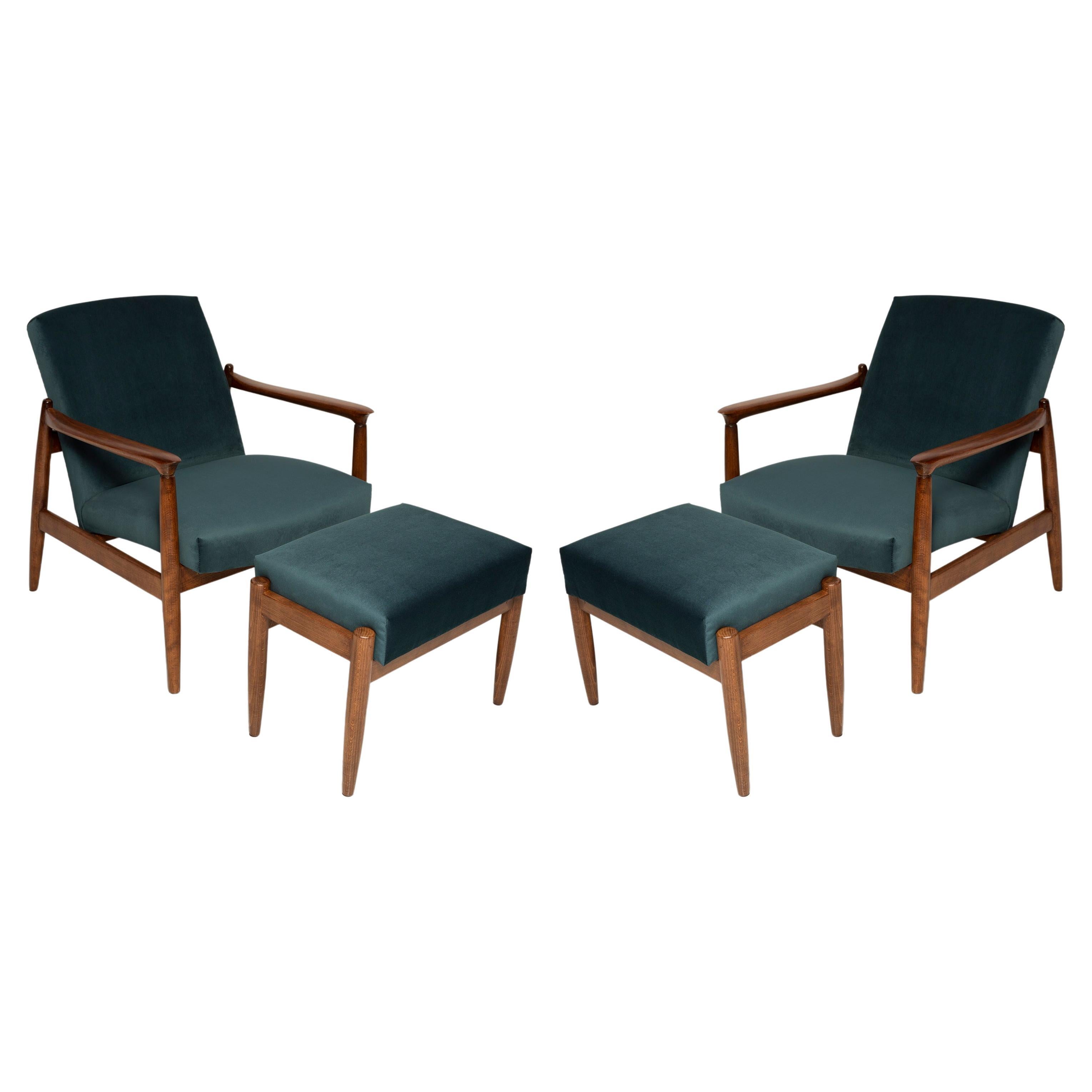 Set of Petrol Blue Vintage Armchairs and Stools, Edmund Homa, 1960s For Sale