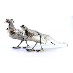 Set of pheasants (couple) in silver with reliefs and applications
