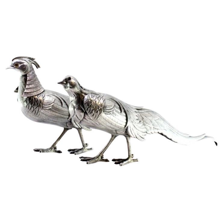 Set of pheasants (couple) in silver with reliefs and applications