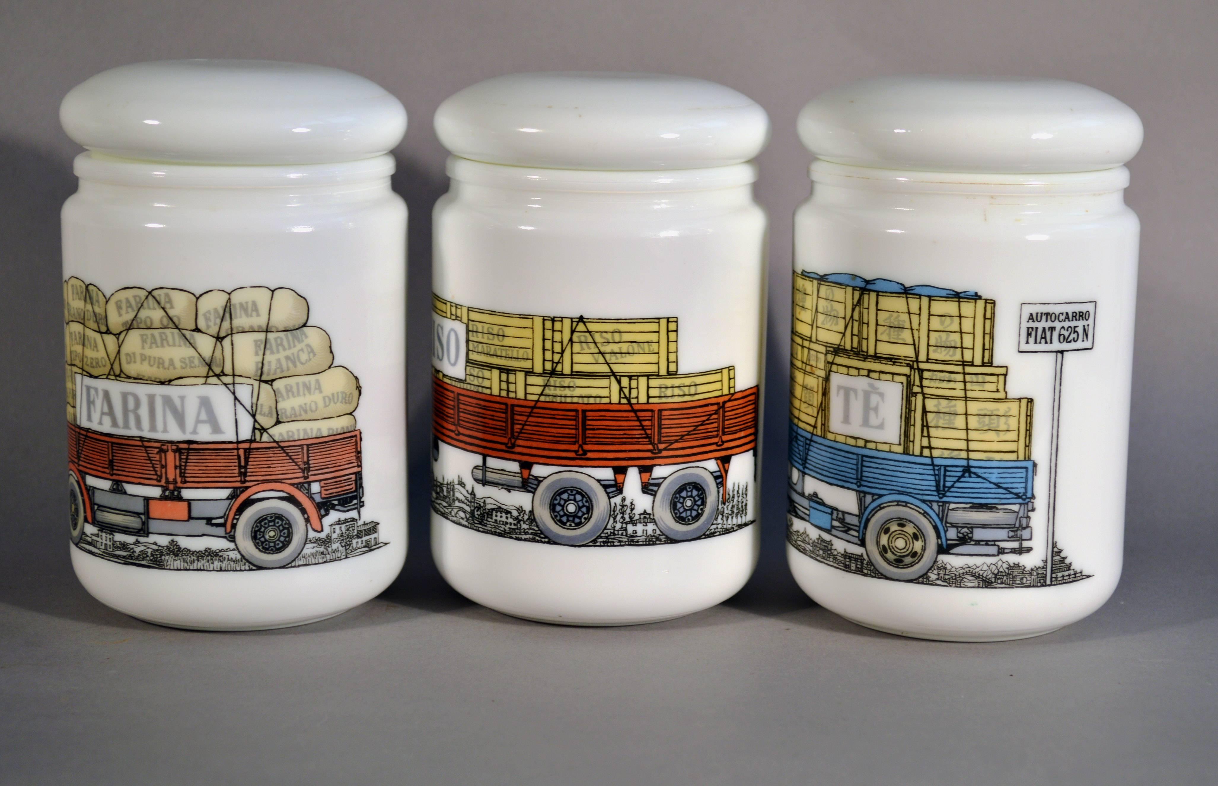 Truck Decorated Piero Fornasetti White Glass Jars and Covers Made for Fiat For Sale 1
