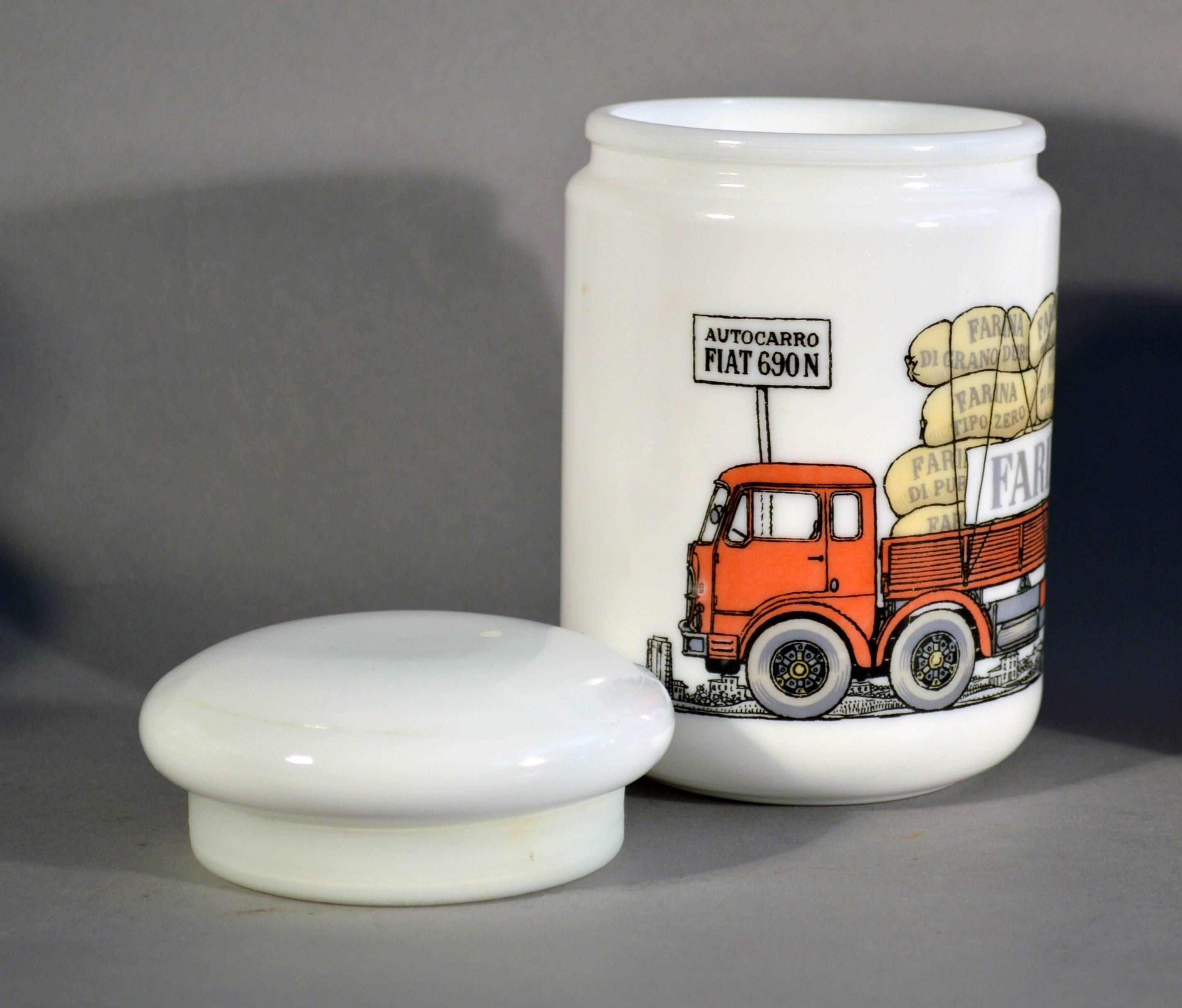 Mid-20th Century Truck Decorated Piero Fornasetti White Glass Jars and Covers Made for Fiat For Sale