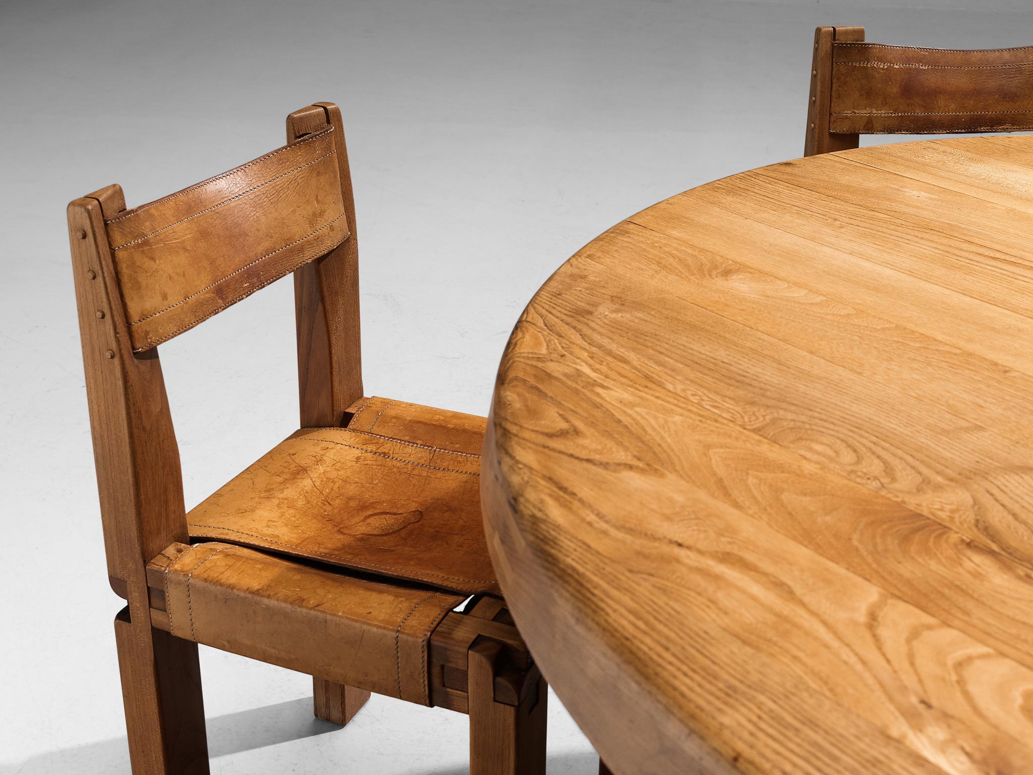 Set of Pierre Chapo Dining Table and Eight Dining Chairs in Elm and Leather 6