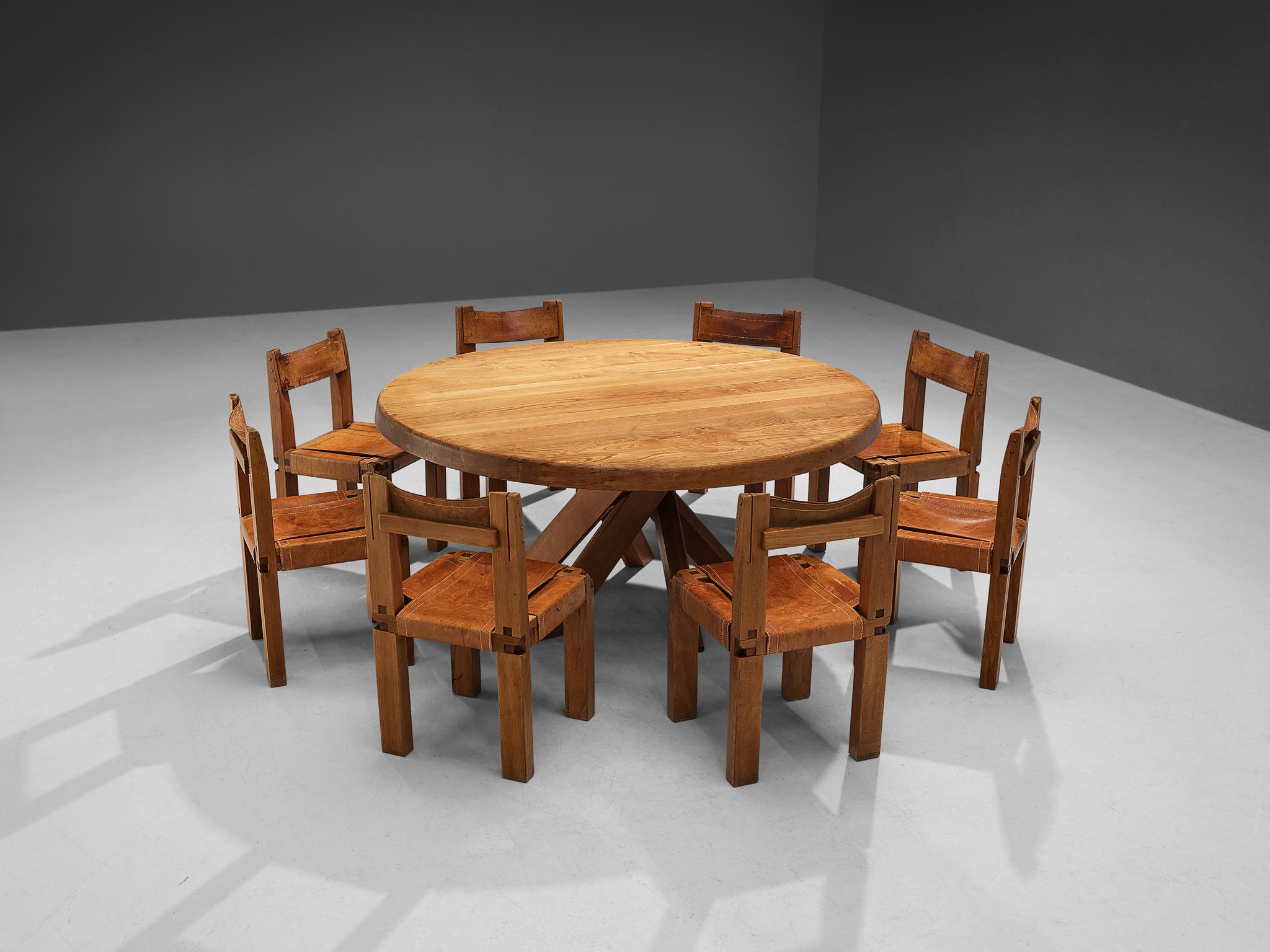 Mid-Century Modern Set of Pierre Chapo Dining Table and Eight Dining Chairs in Elm and Leather
