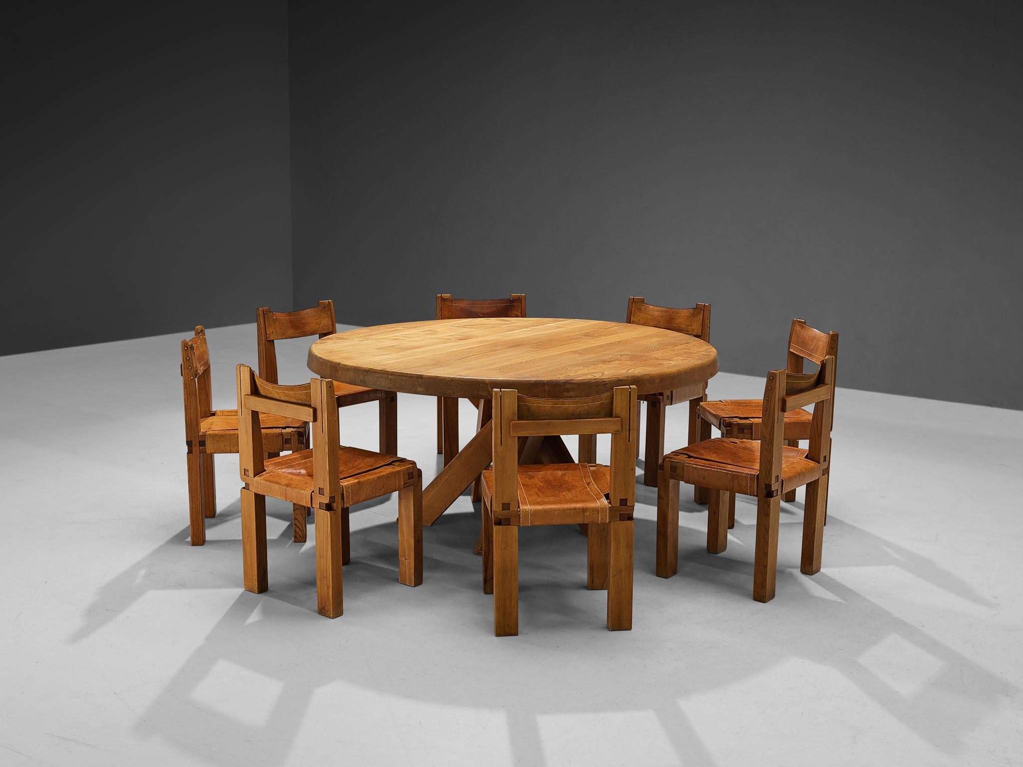 Set of Pierre Chapo Dining Table and Eight Dining Chairs in Elm and Leather 1