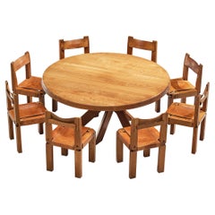 Set of Pierre Chapo Dining Table and Eight Dining Chairs in Elm and Leather