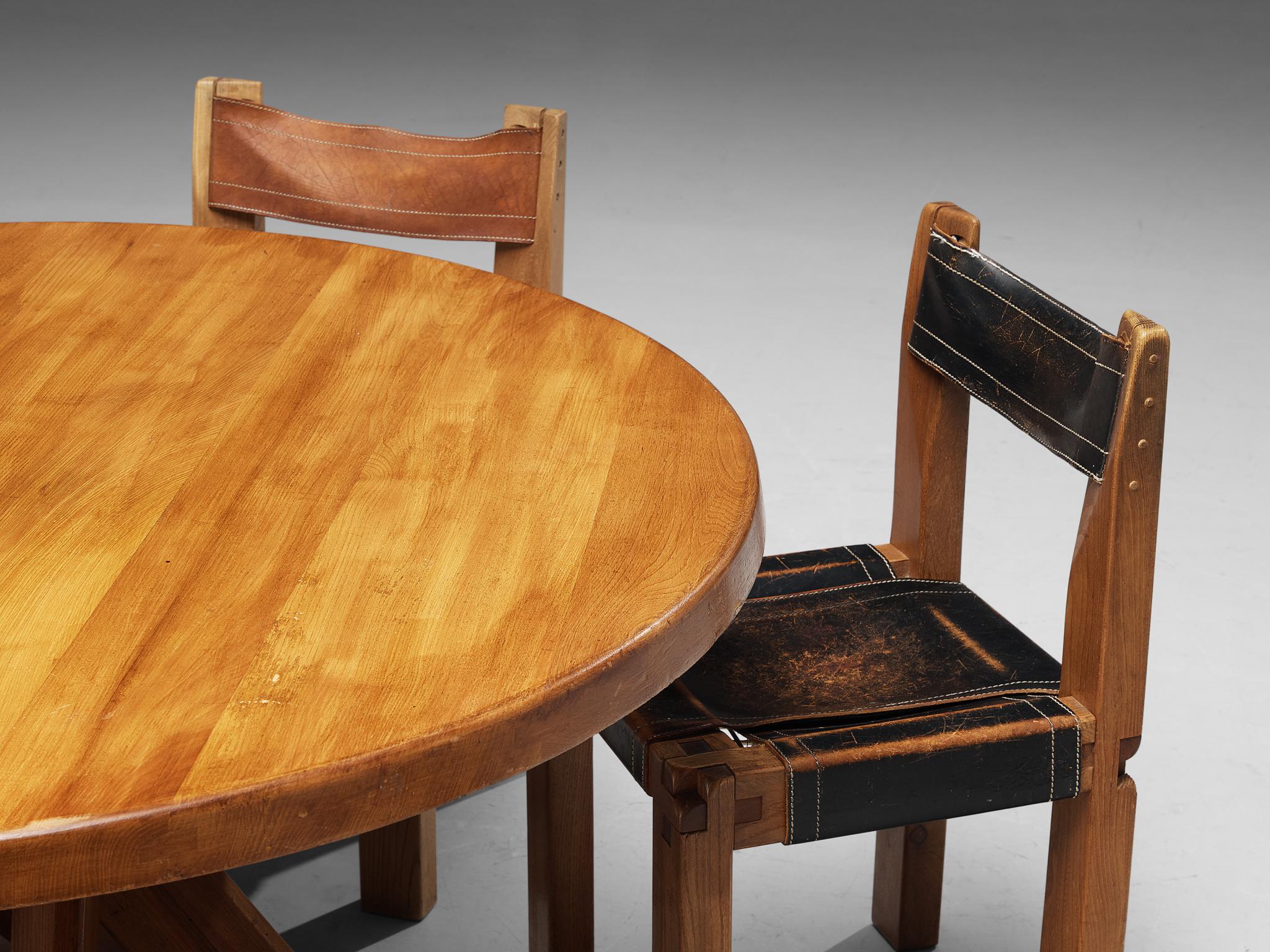 Mid-Century Modern Set of Pierre Chapo Dining Table and Six Bicolour Dining Chairs