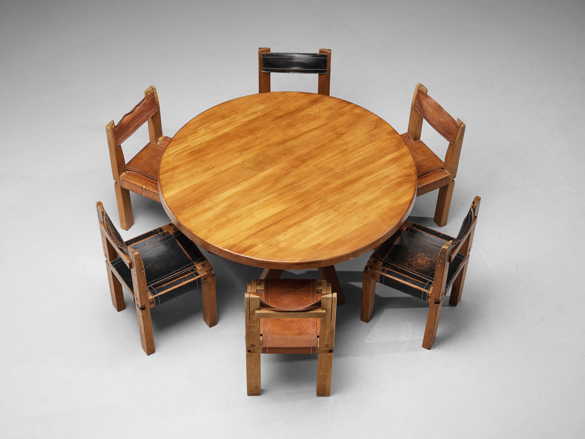 French Set of Pierre Chapo Dining Table and Six Bicolour Dining Chairs