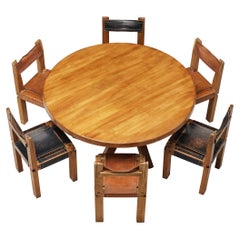 Set of Pierre Chapo Dining Table and Six Bicolour Dining Chairs