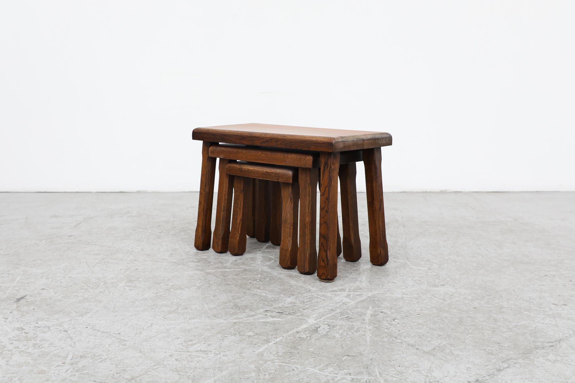 Mid-Century Modern Set of Pierre Chapo Inspired Dark Oak Brutalist Nesting Tables