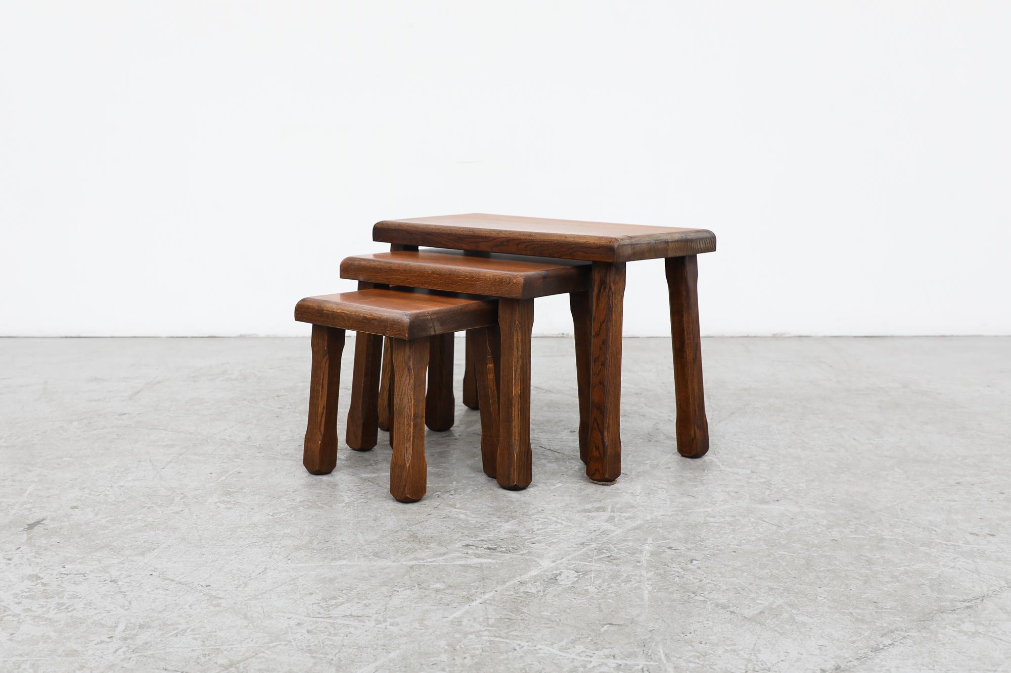 Dutch Set of Pierre Chapo Inspired Dark Oak Brutalist Nesting Tables