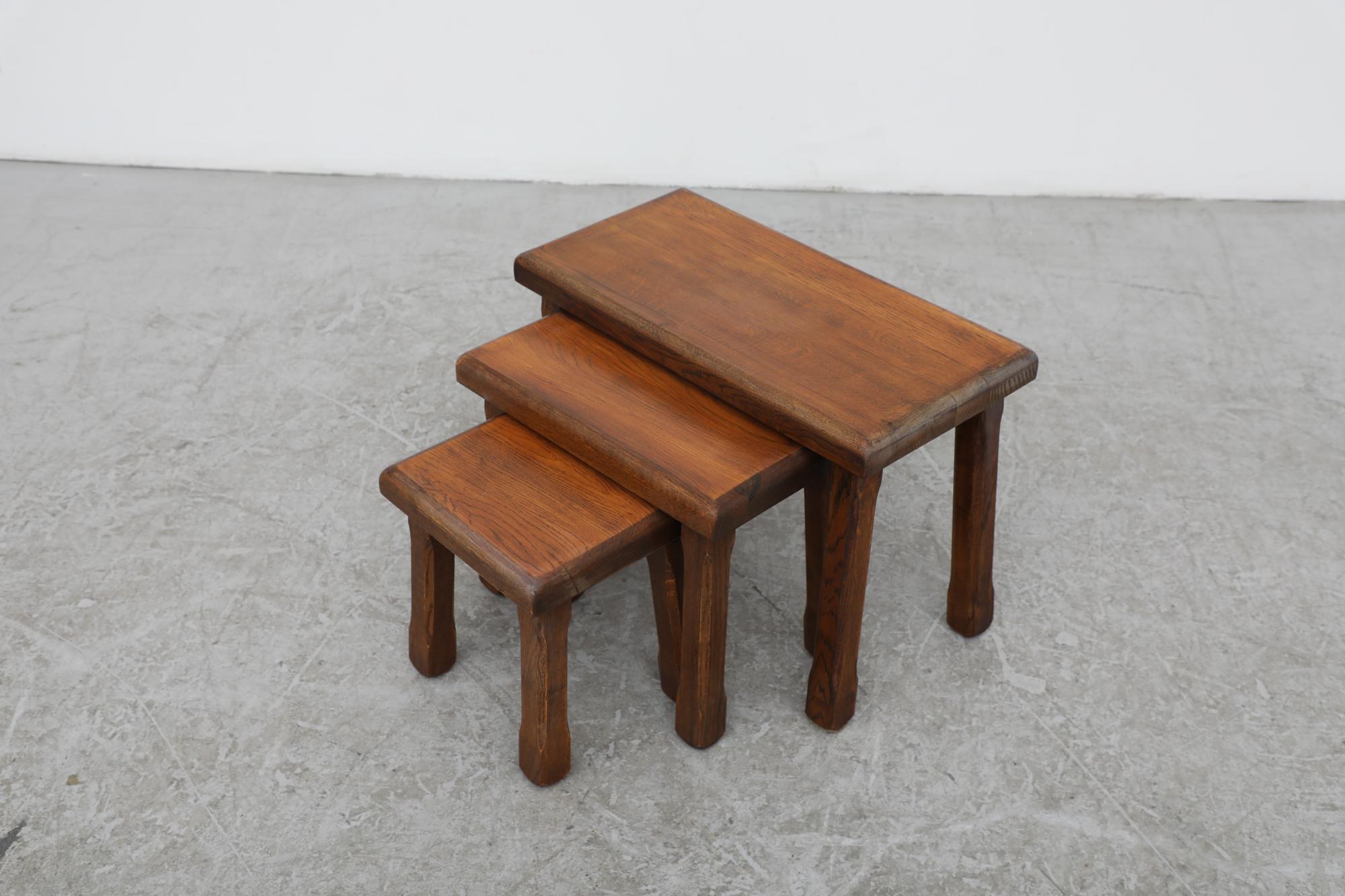 Set of Pierre Chapo Inspired Dark Oak Brutalist Nesting Tables In Good Condition In Los Angeles, CA