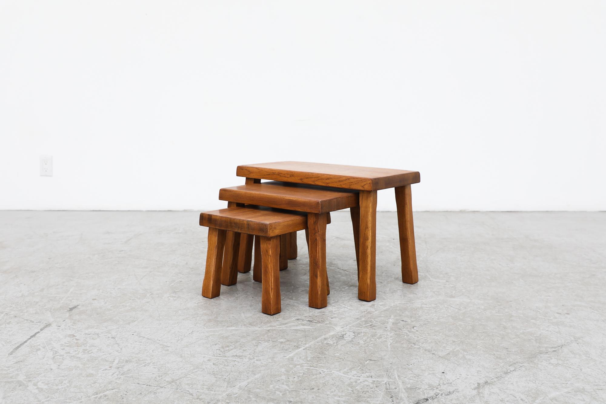 Mid-Century Modern Set of Pierre Chapo Inspired Oak Brutalist Nesting Tables