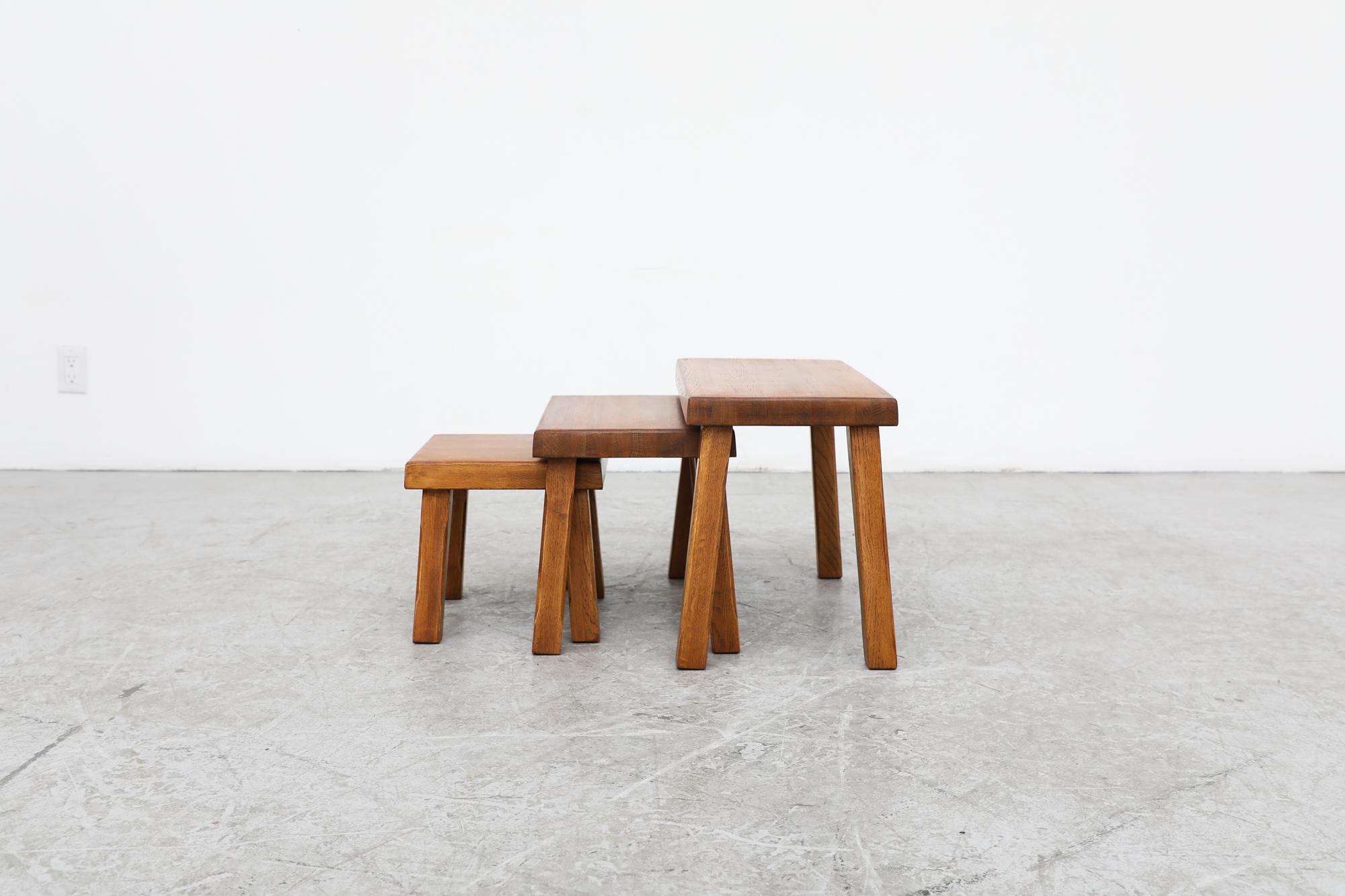 Late 20th Century Set of Pierre Chapo Inspired Oak Brutalist Nesting Tables