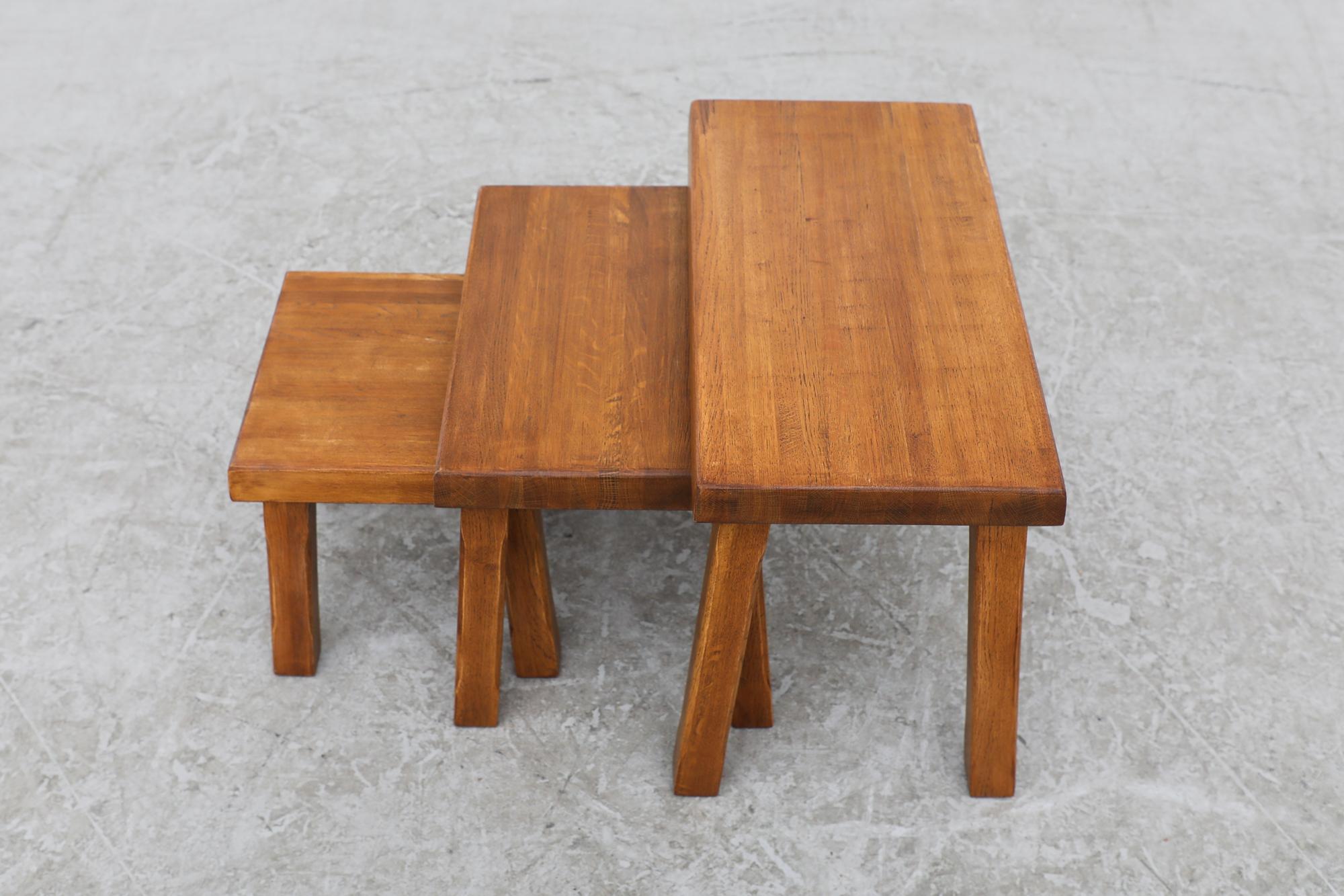 Set of Pierre Chapo Inspired Oak Brutalist Nesting Tables 1