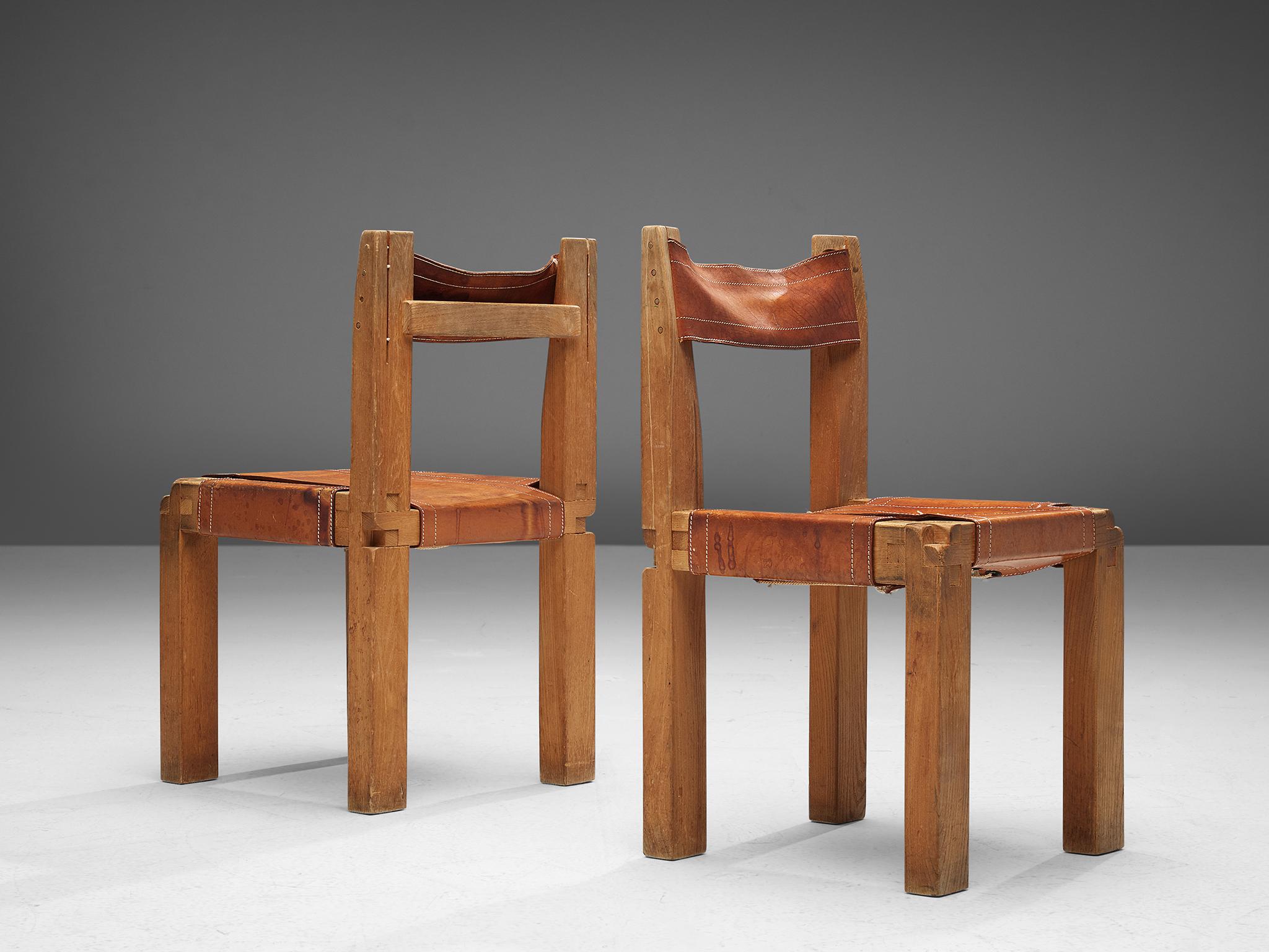 Set of Pierre Chapo 'S11' Chair in Cognac Leather In Fair Condition In Waalwijk, NL