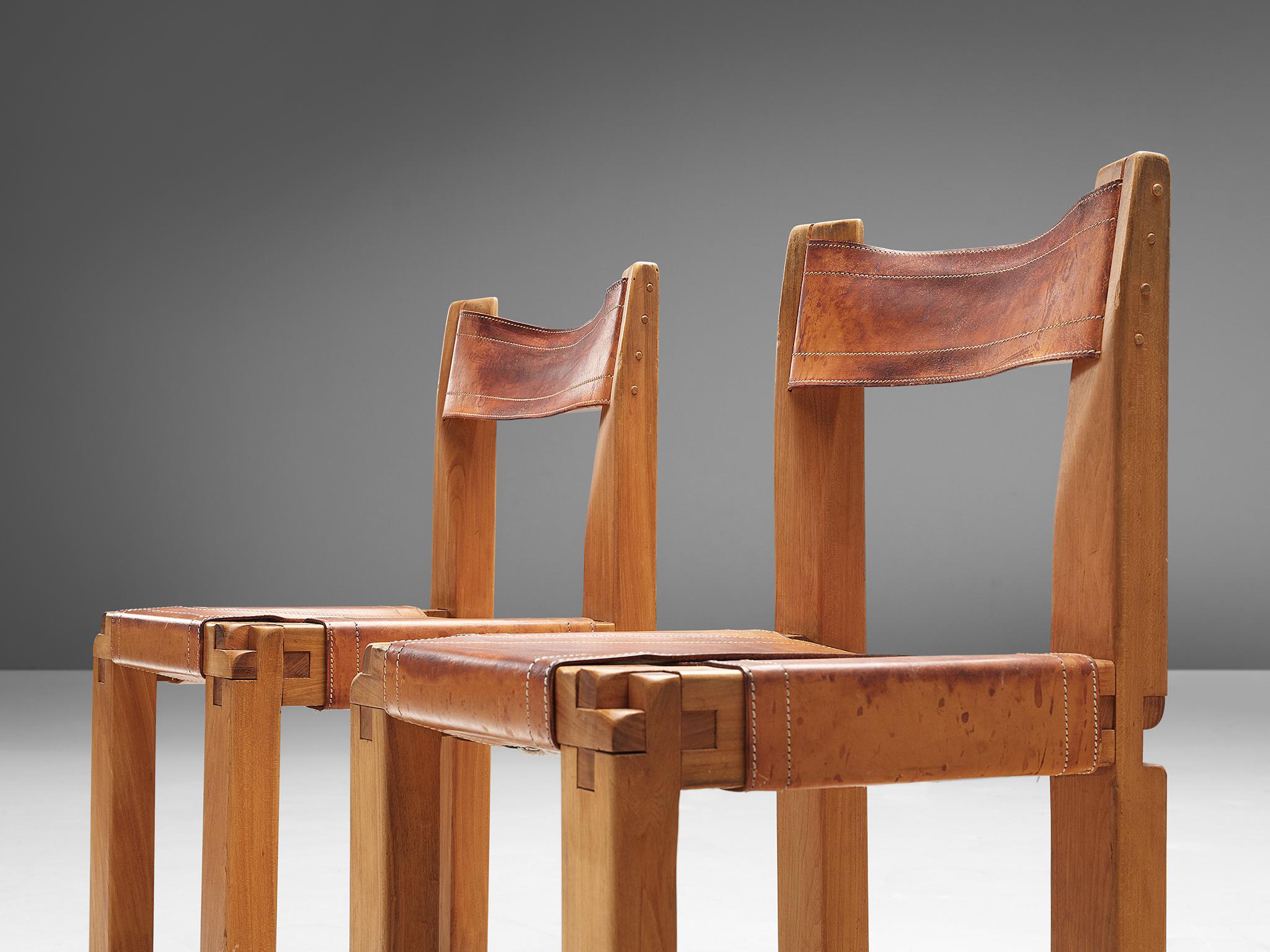 Set of Pierre Chapo 'S11' Chair in Cognac Leather In Good Condition In Waalwijk, NL